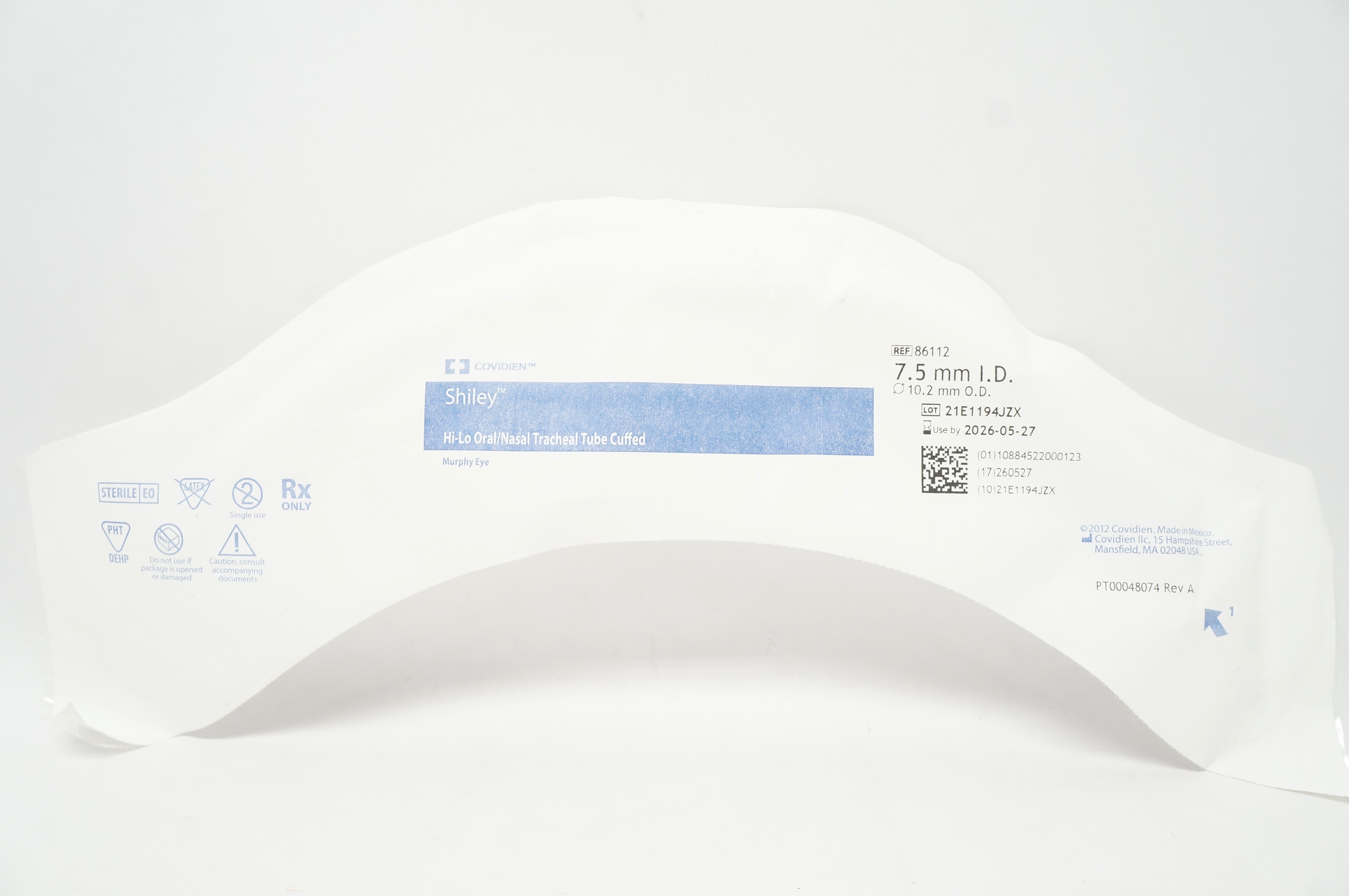 Covidien 86112 Shiley Hi-Lo Oral/Nasal Tracheal Tube Cuffed 7.5mm ID x 10.2mm OD