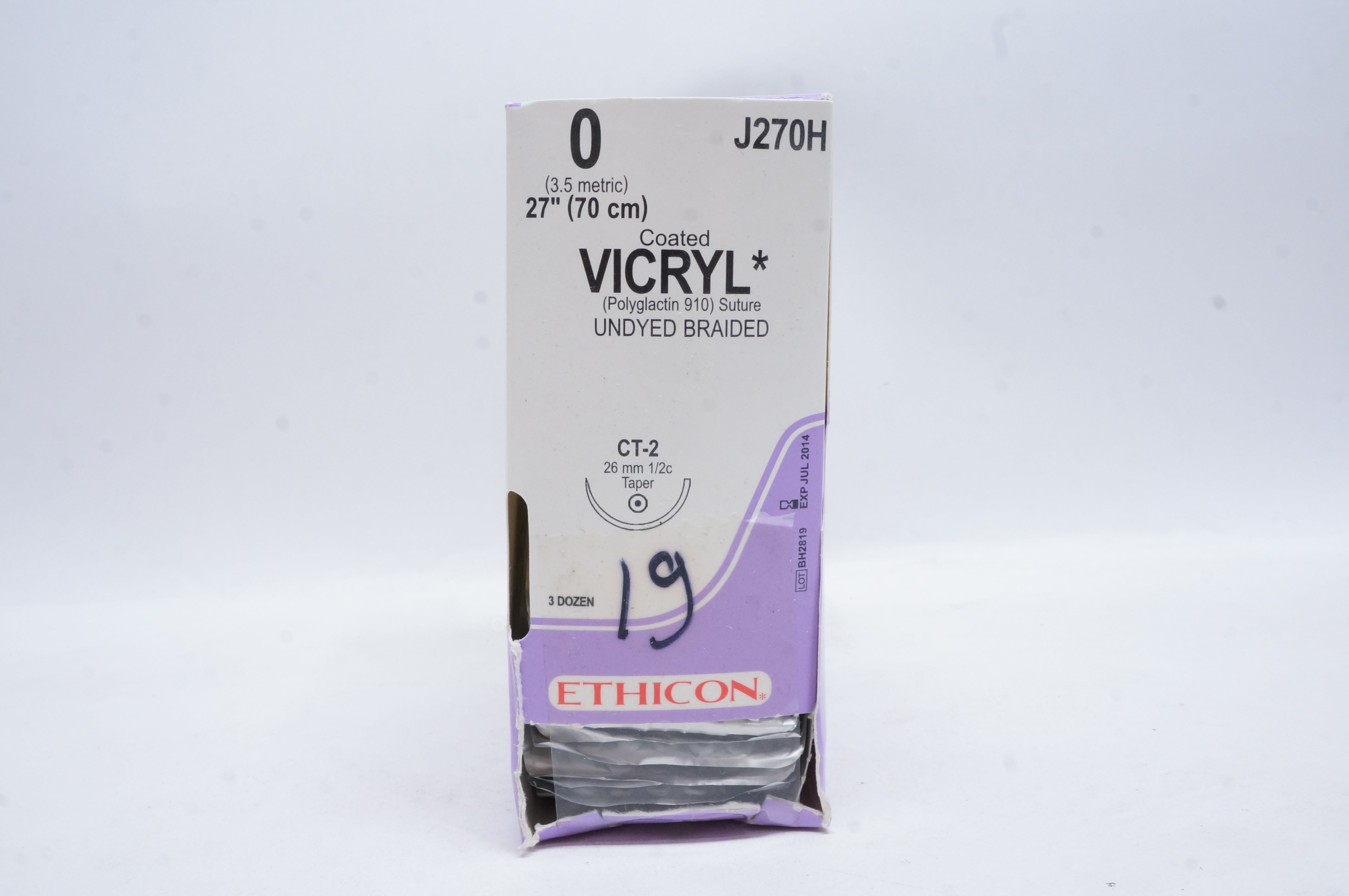 Ethicon J270H 0 VICRYL, CT-2, 26mm 1/2c Taper, 27inch (x) - Box of 19