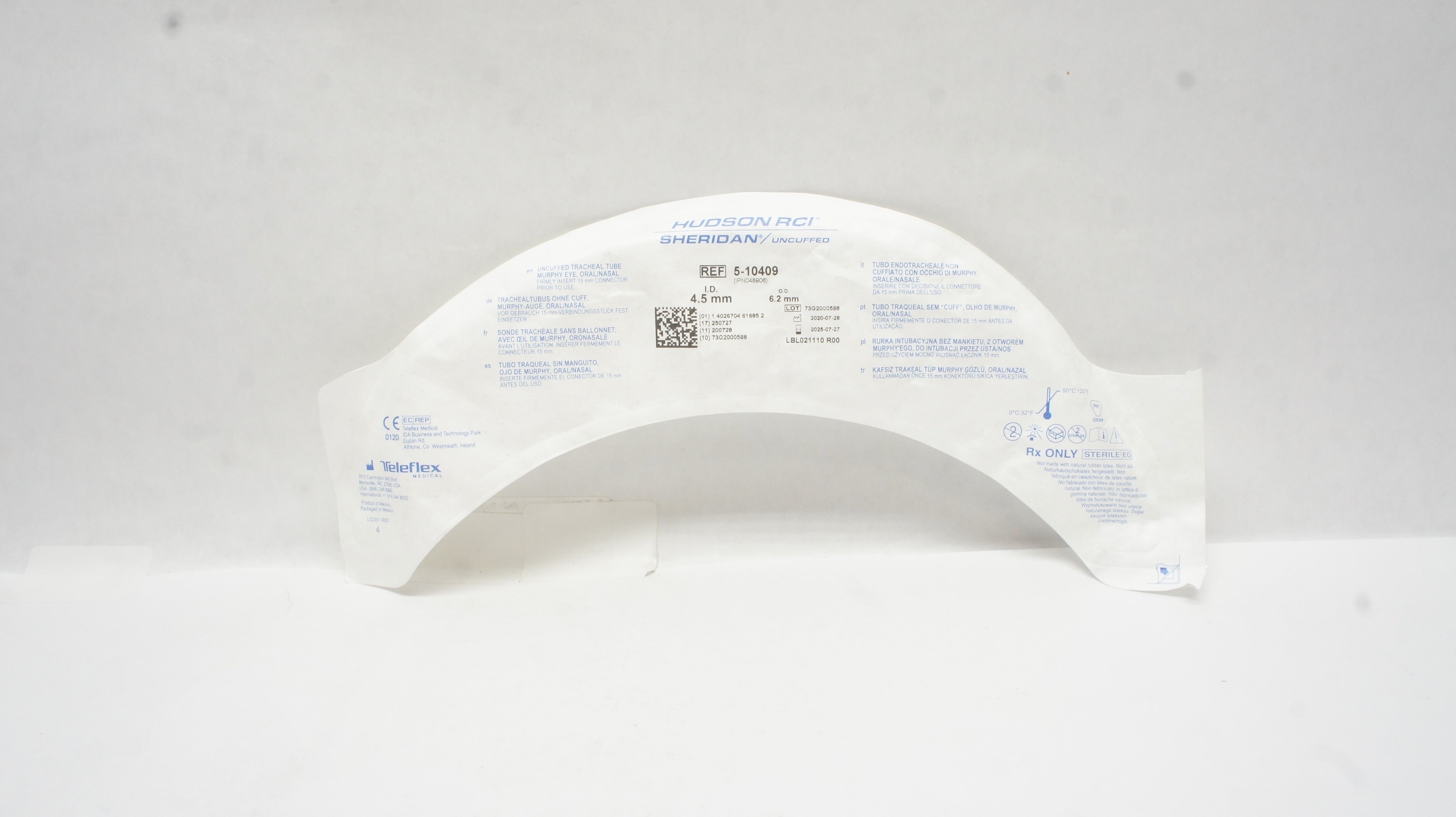 Teleflex 5-10409 Hudson RCI Sheridan Uncuffed Tracheal Tube 4.5mm ID x 6.2mm OD