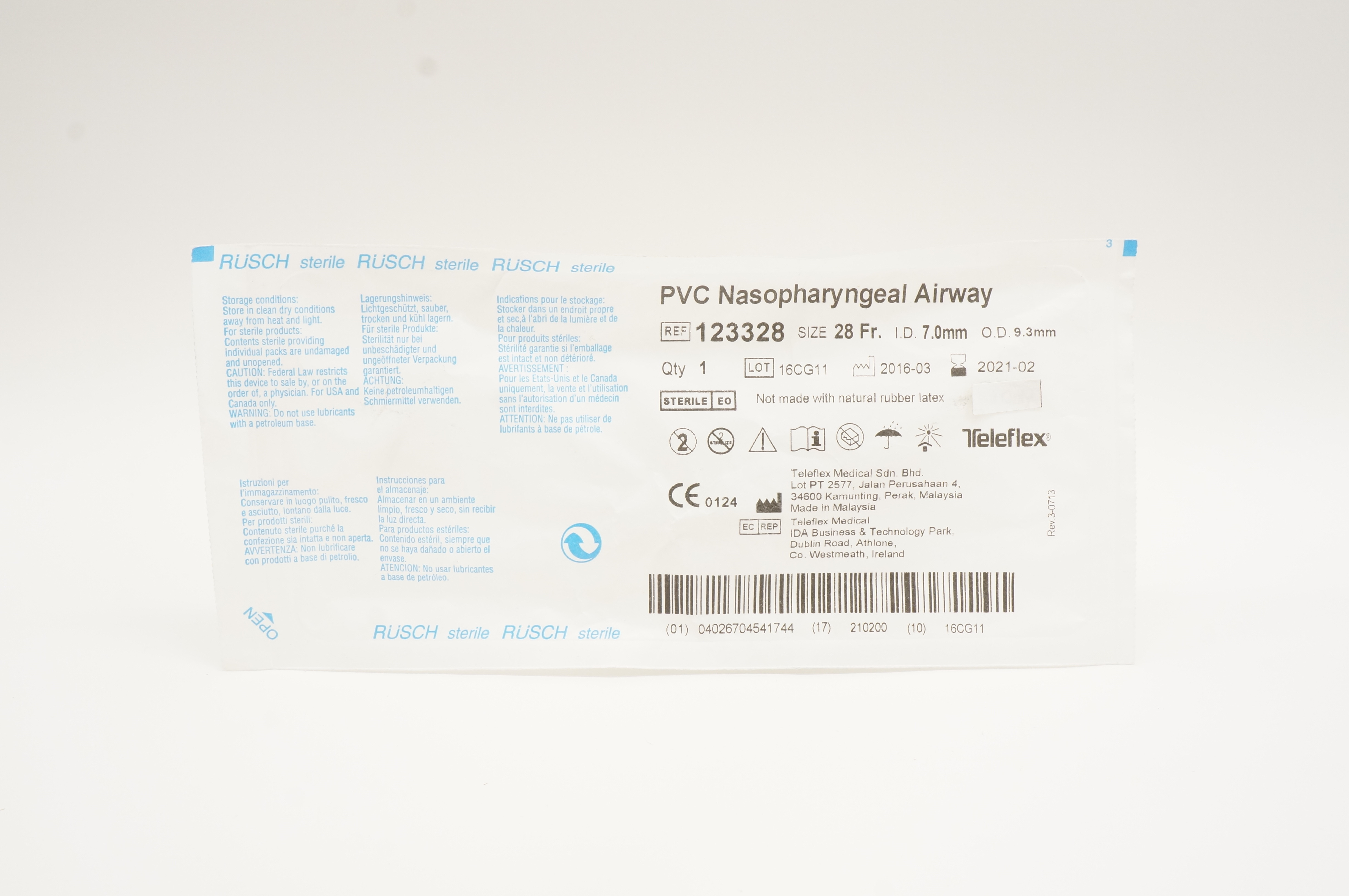 Teleflex 123328 PVC Nasopharyngeal Airway 28Fr. ID 7.0mm OD 9.3mm (x)