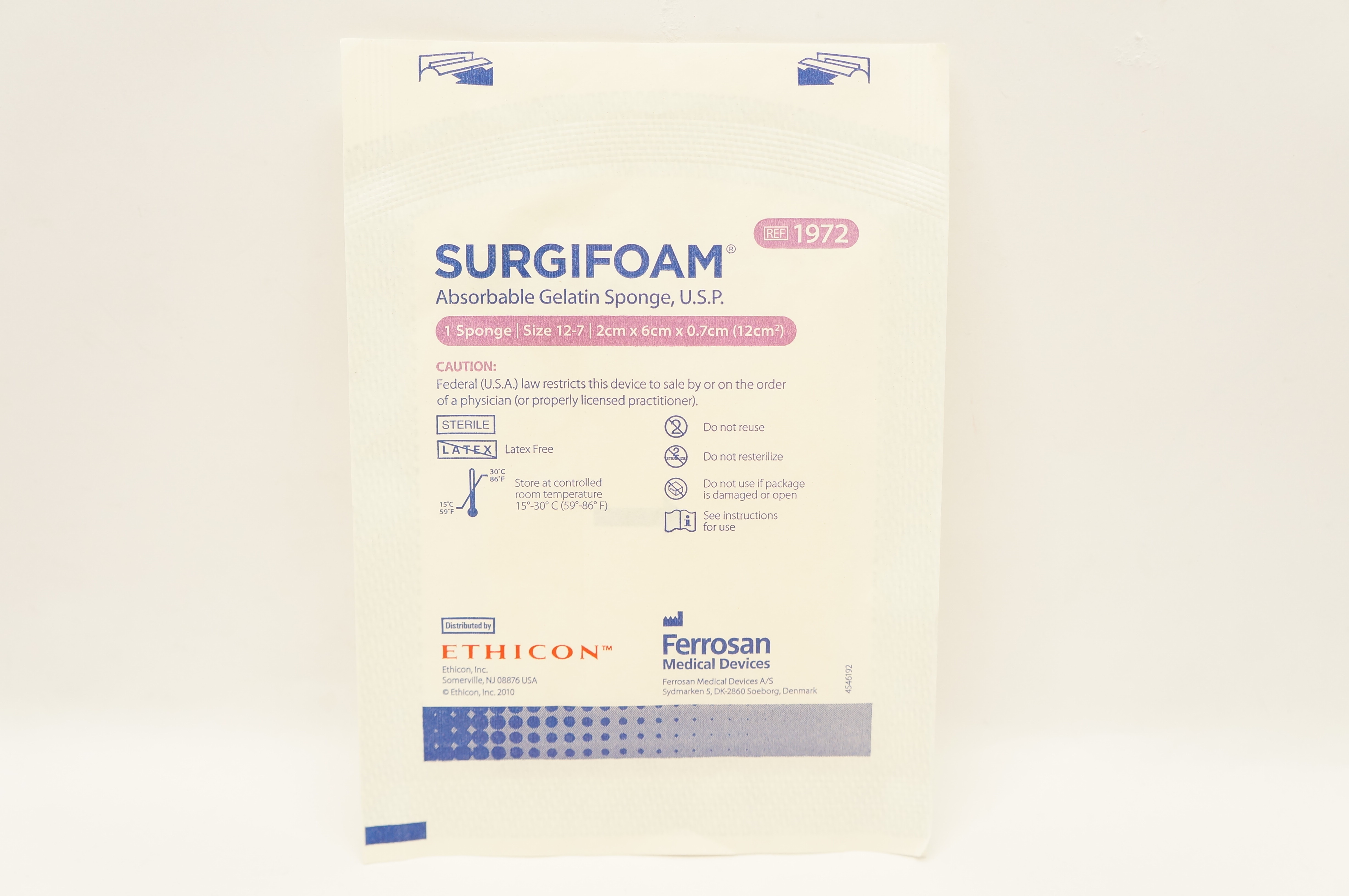 Ethicon 1972 SURGIFOAM Absorbable Gelatin Sponge USP 12-7 2cm x 6cm (x)