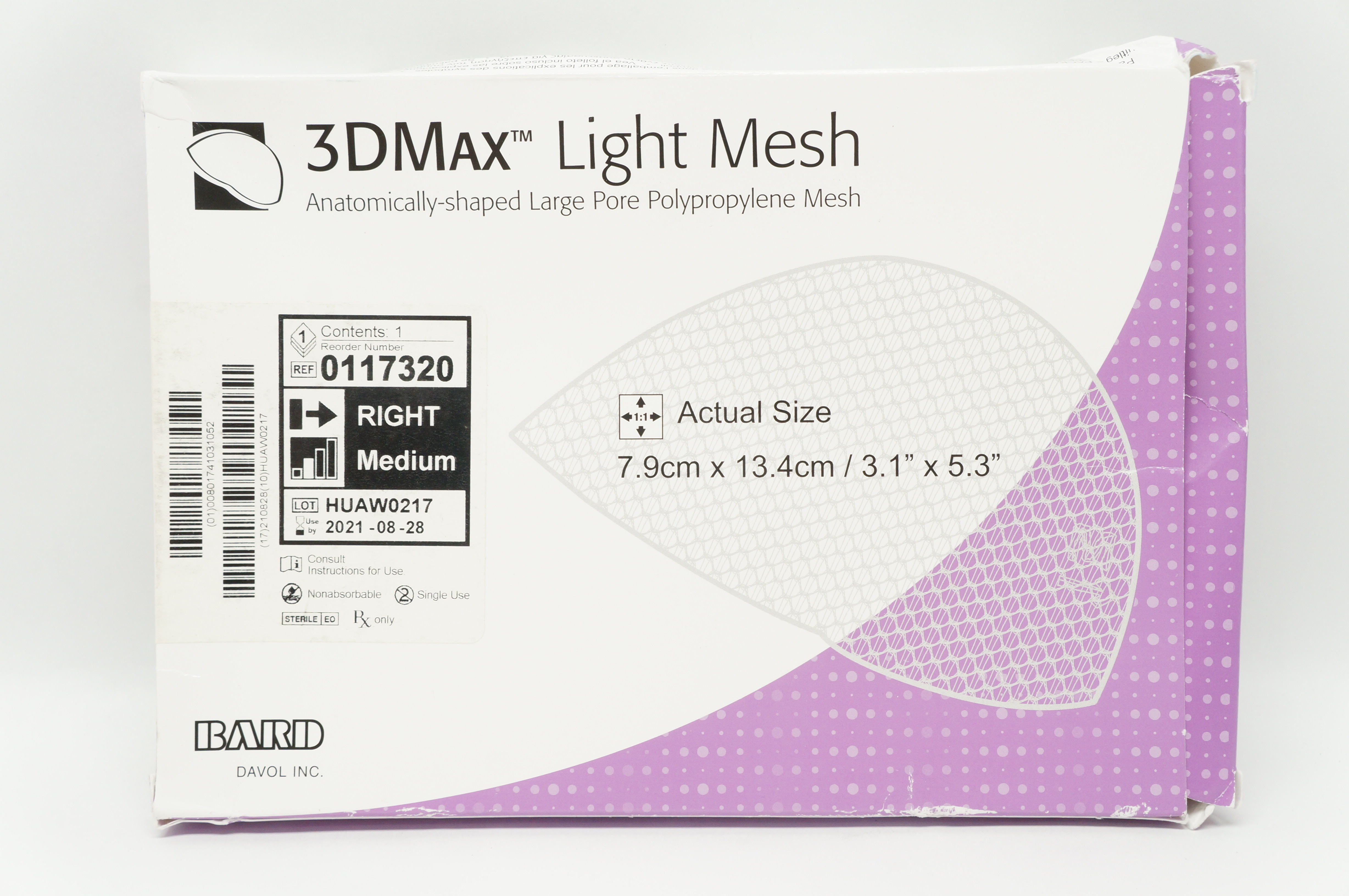Bard 0117320 Davol 3DMax Light Mesh Right Medium 3.1 inch x 5.3 inch (x)