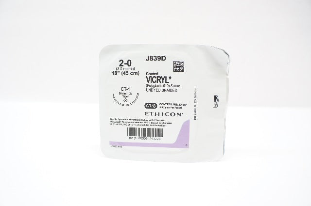 Ethicon J839D 2-0 Coated VICRYL, CT-1, 36mm 1/2c Taper, 18inch