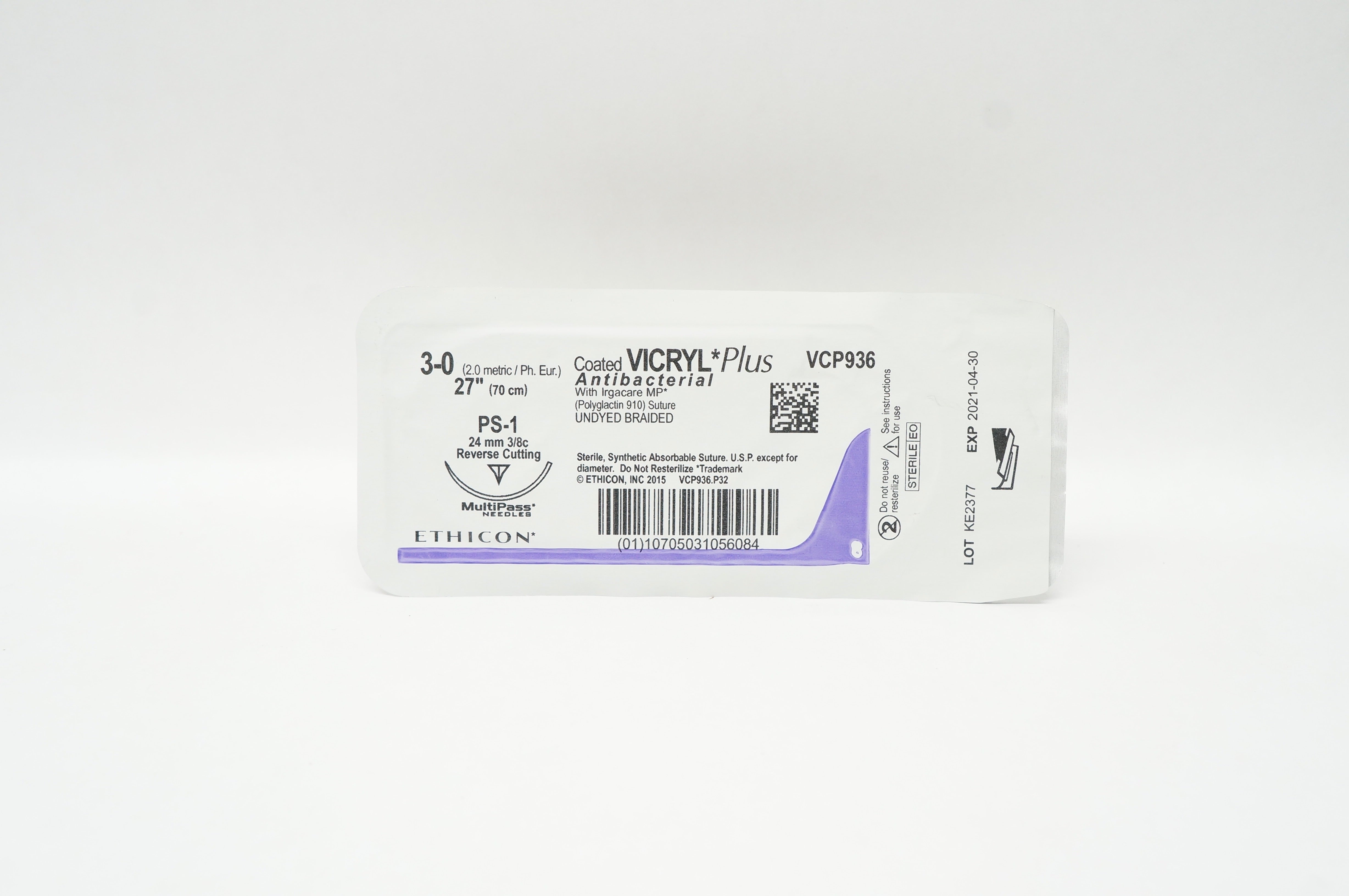 Ethicon VCP936 PS-1 Vicryl Plus Stre 24mm 3/8c Reverse Cutting, 27inch (x)