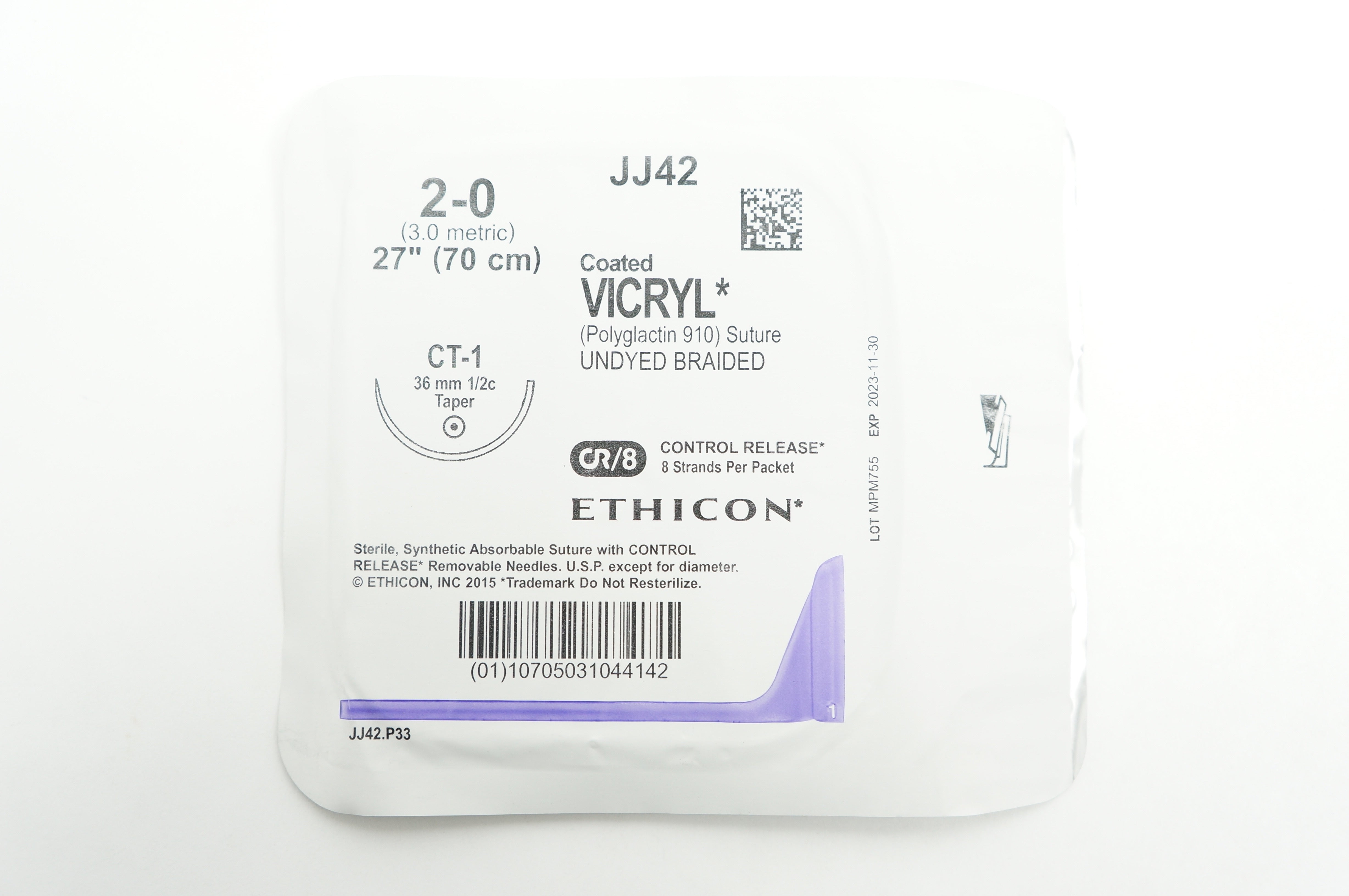 Ethicon JJ42 2-0 VICRYL CT-1 36mm 1/2c Taper CR/8, 27 inch (x)