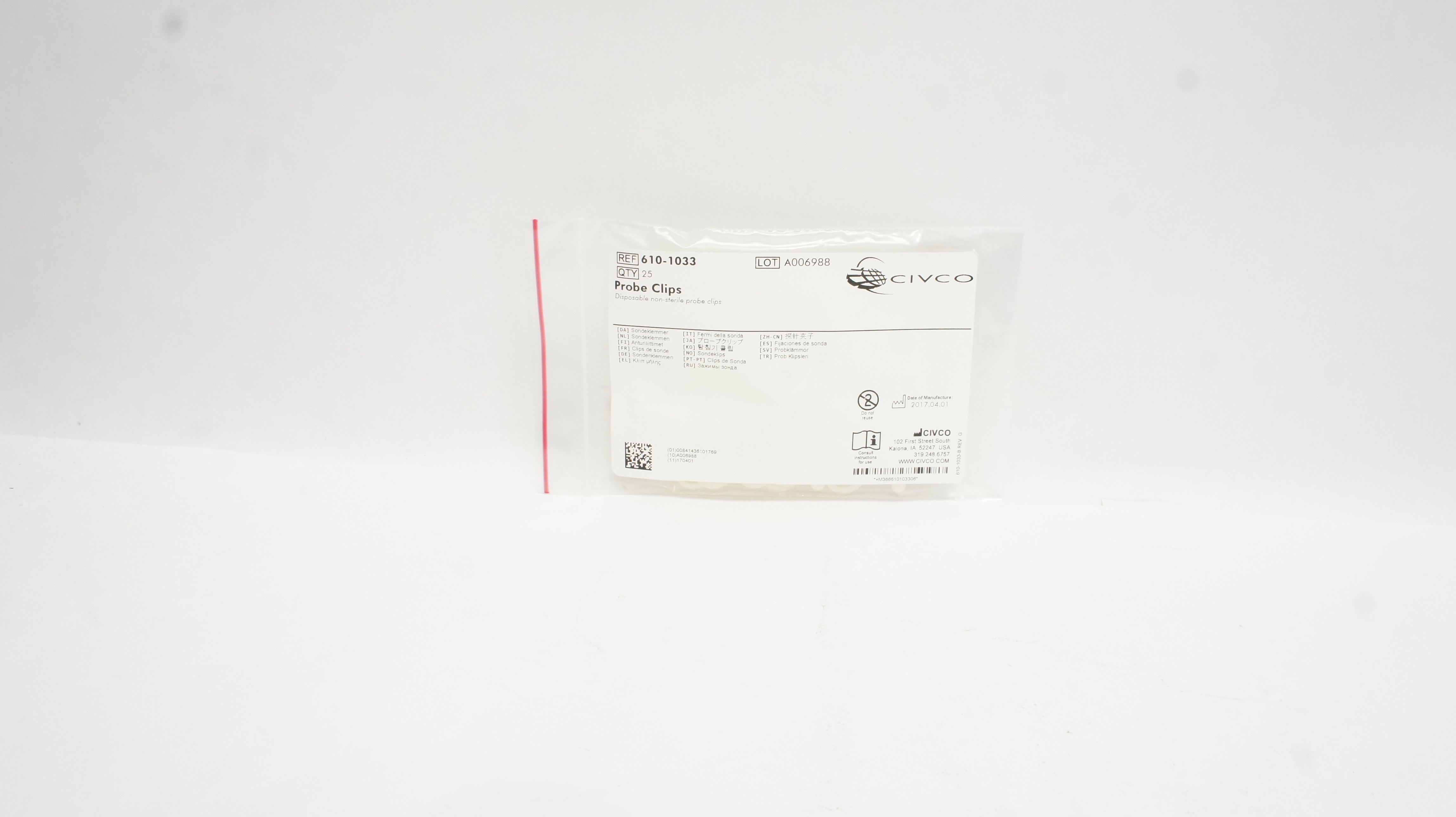 Civco 610-1033 Disposable Non-SterileProbe Clips - Pack of 25