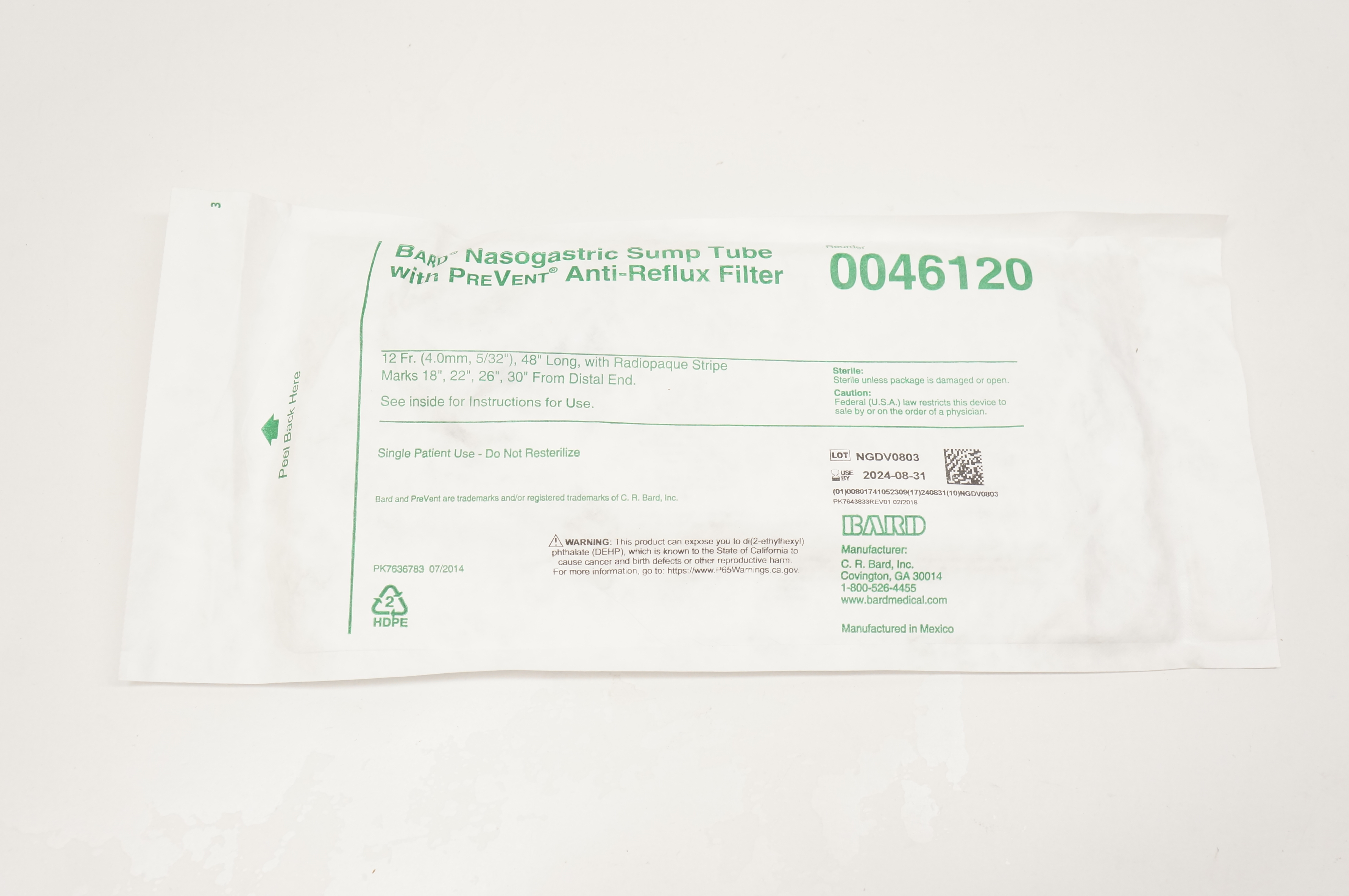 Bard 0046120 Nasogastric Sump Tube with PreVent Anti-Reflux Filter
