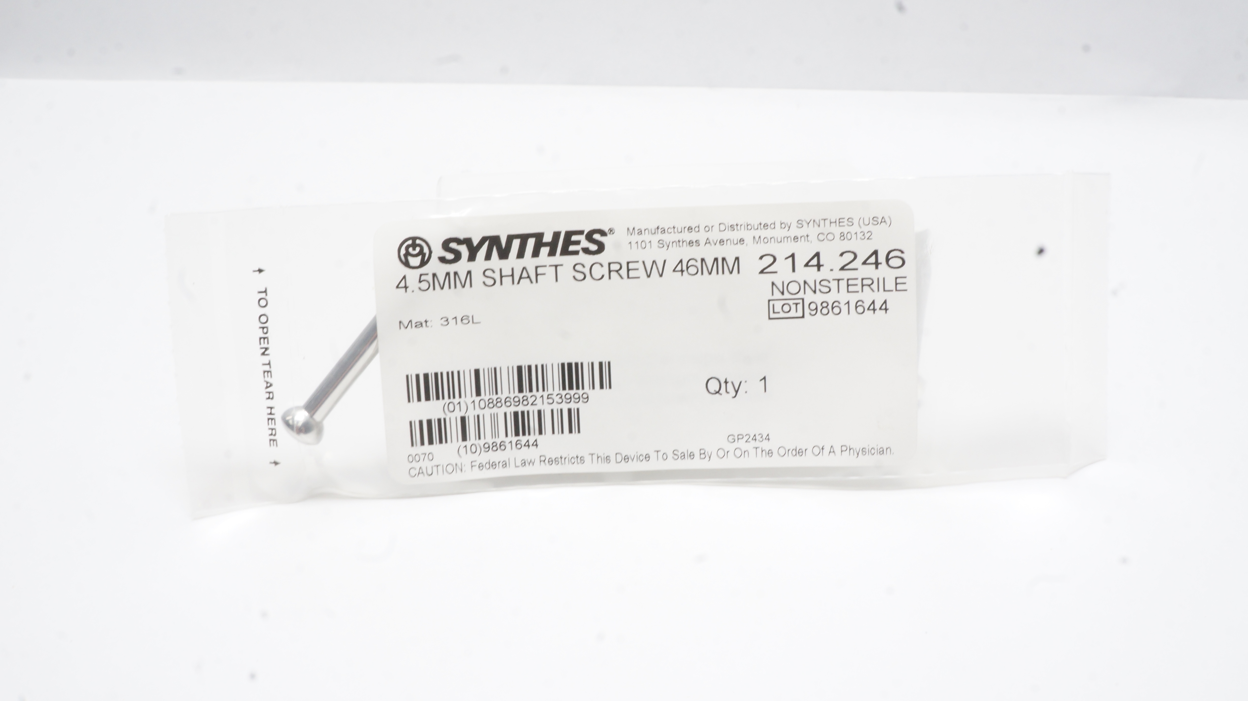 Synthes 214.246 4.5mm Shaft Screw 46mm