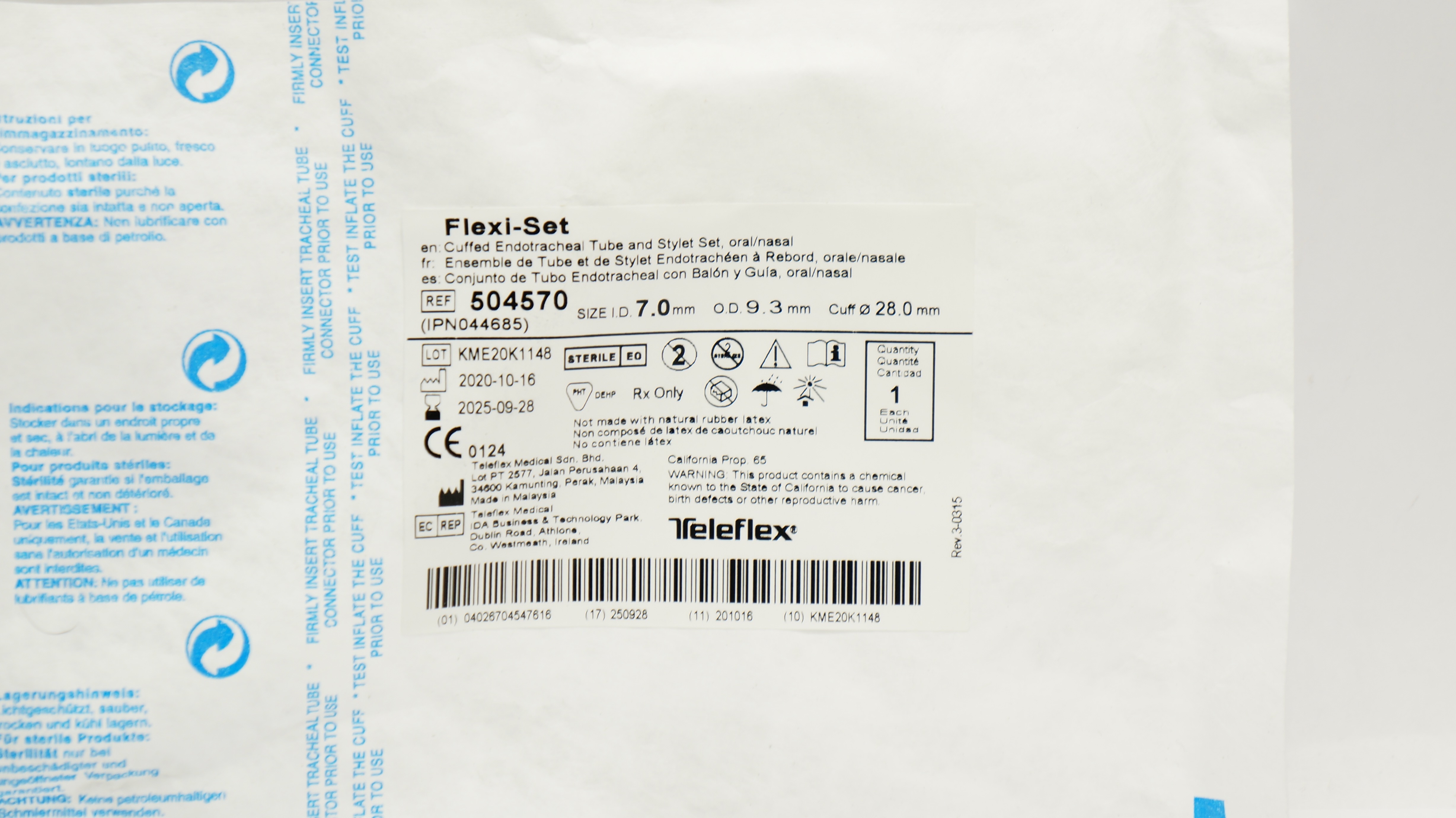 Teleflex 504570 Cuffed Endotracheal Tube & Stylet Set 7.0mmID x 9.3mmOD x 28.0mm