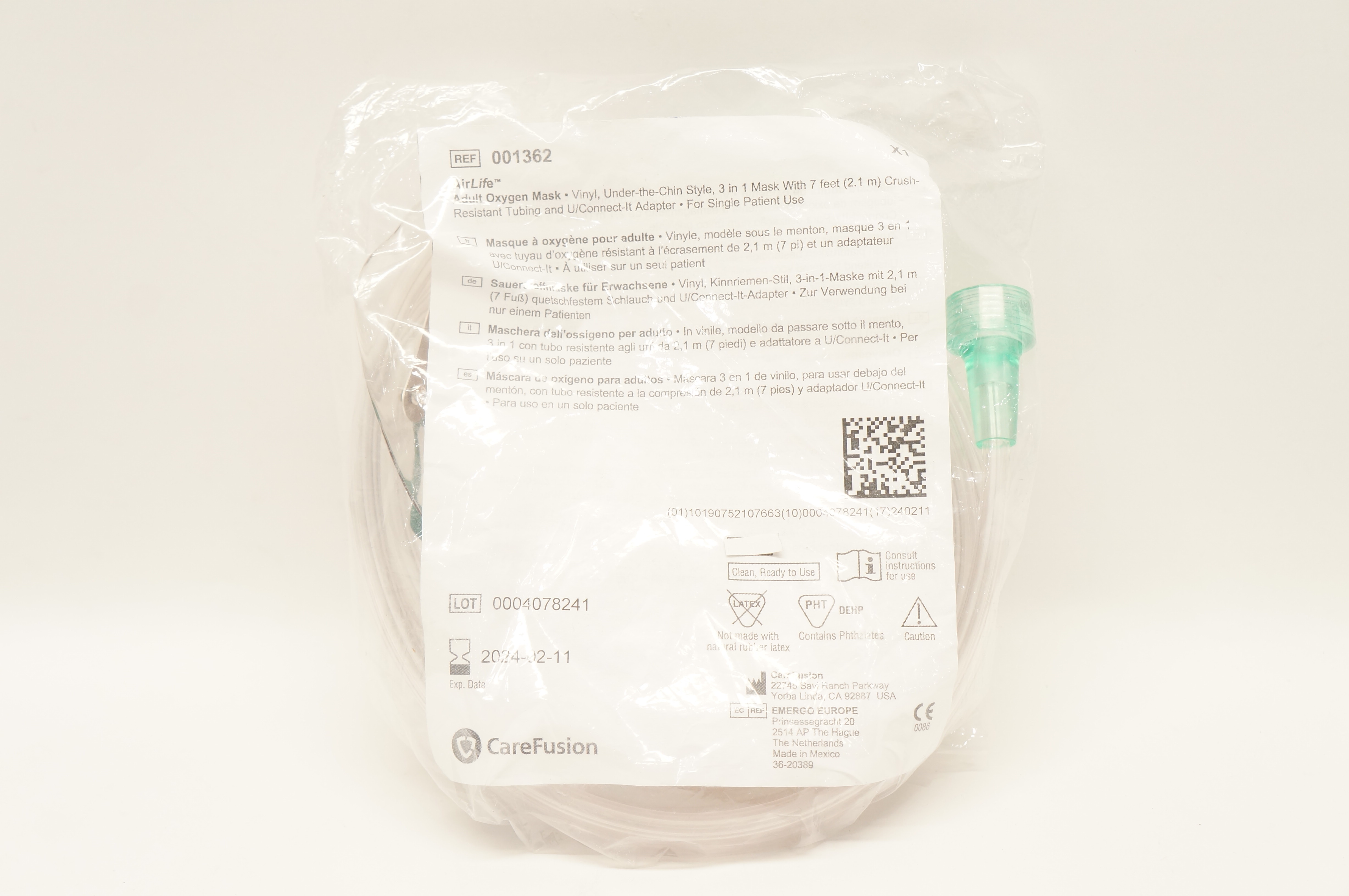 CareFusion 001362 AirLife Adult Oxygen Mask Vinyl 7 feet Crush-Resistant Tubing