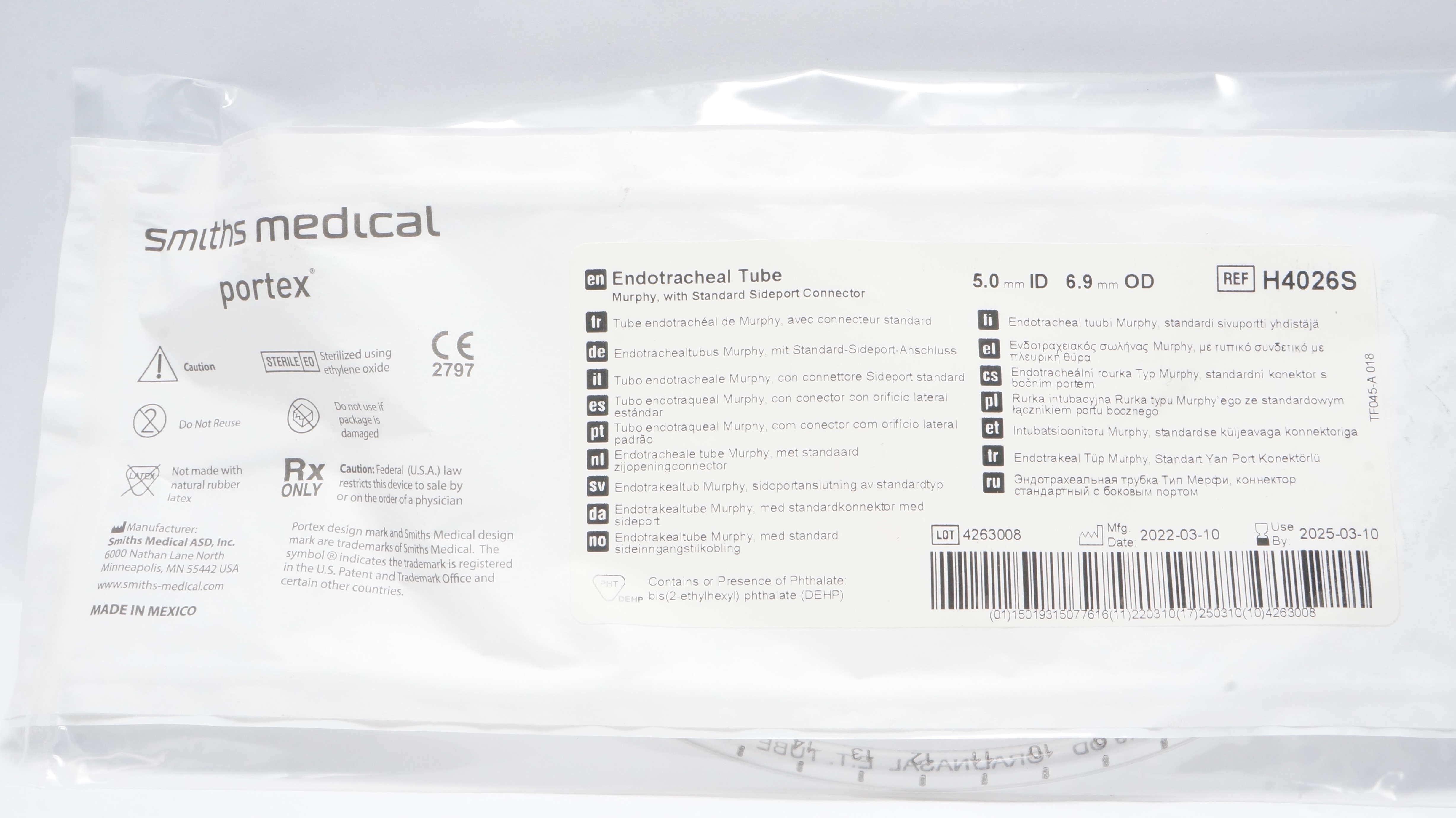 Smiths Medical H4026S Portex Endotracheal Tube 5.0mm ID x 6.9mm OD (x)