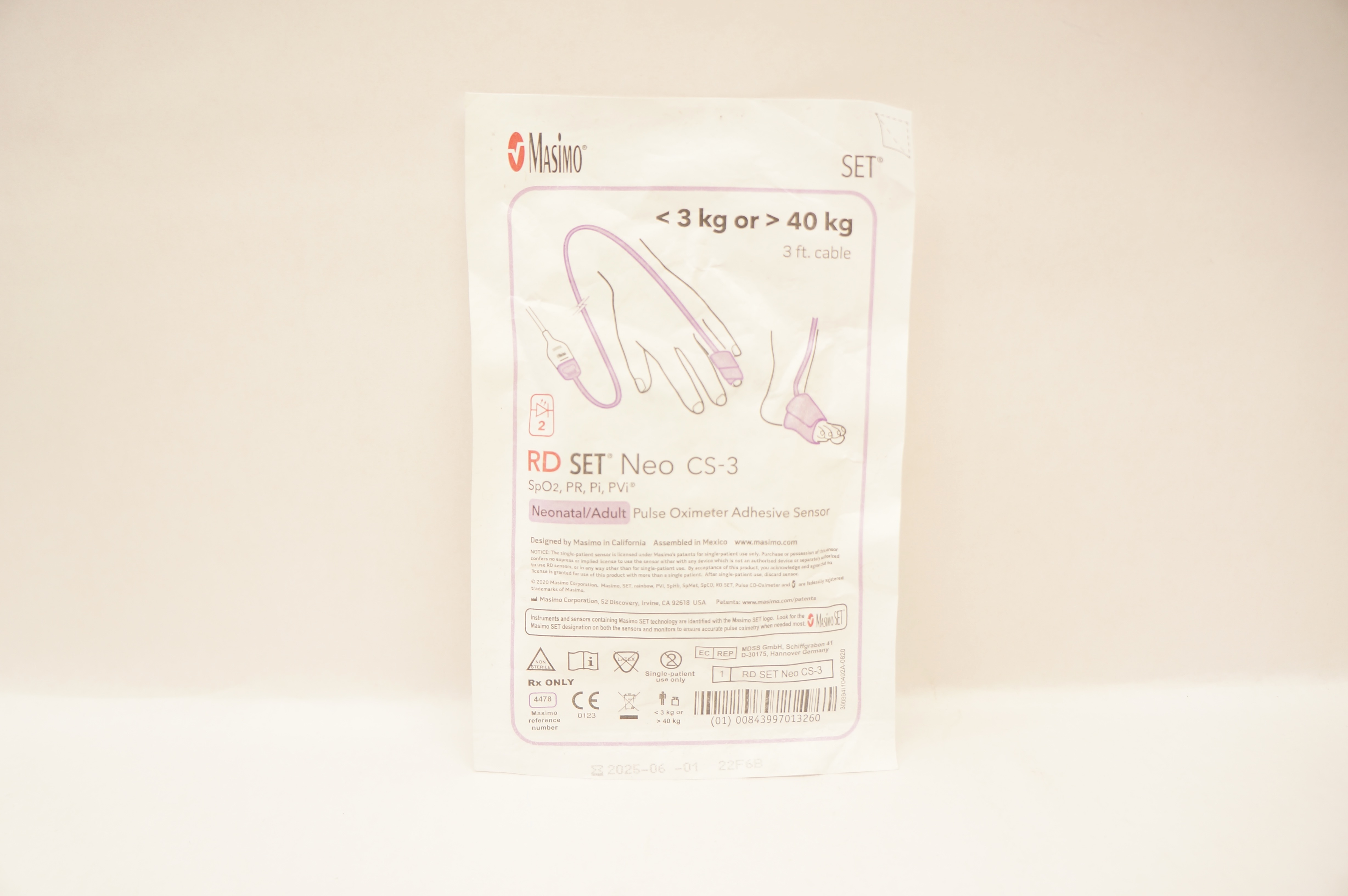 Masimo 4478 Neo CS-3 Neonatal/Adult Pulse Oximeter Adhesive Sensor <3kg or >40kg