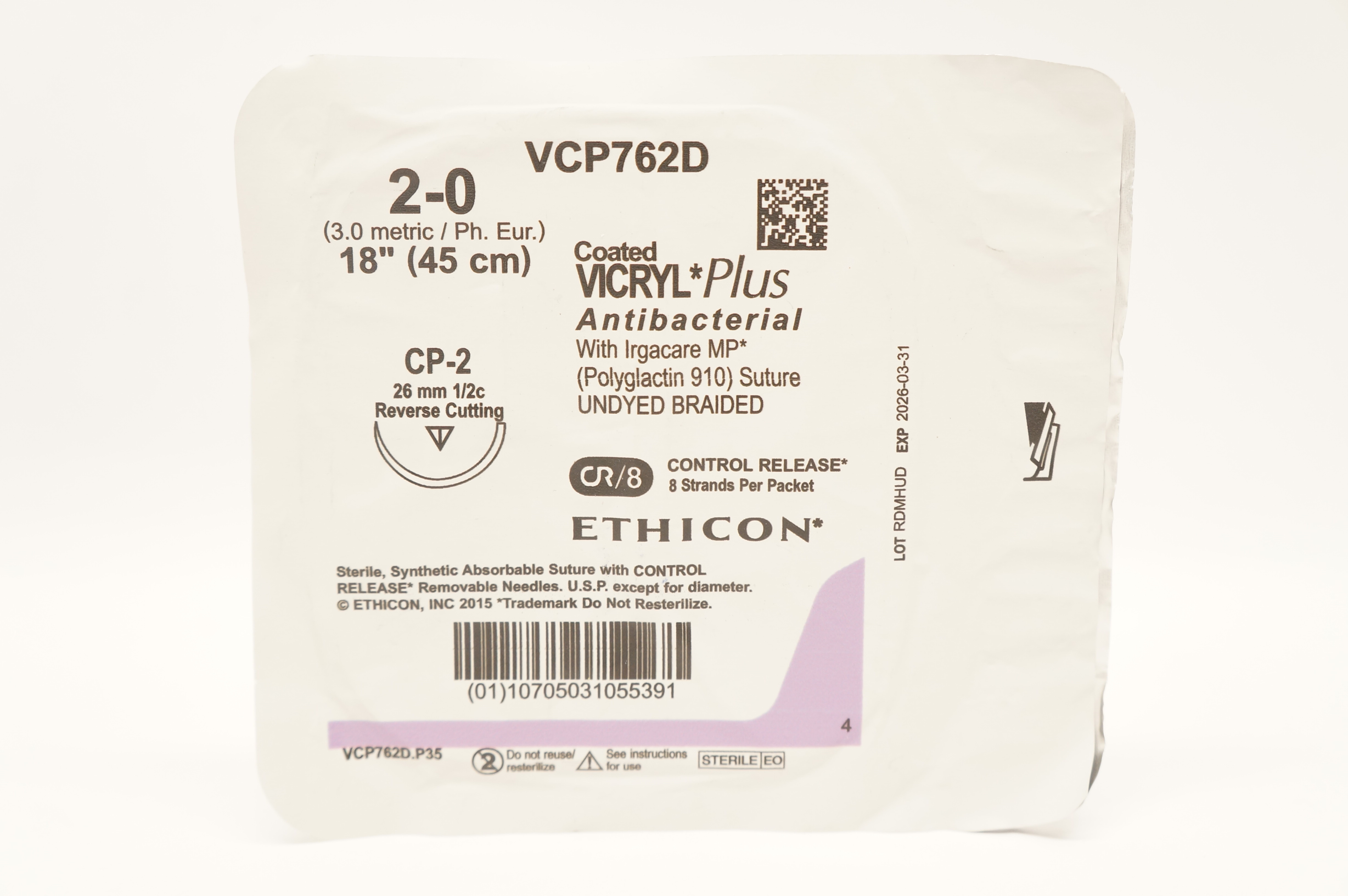 Ethicon VCP762D 2-0 Coated VICRYL Plus Stre CP-2 26mm 1/2c 18inch