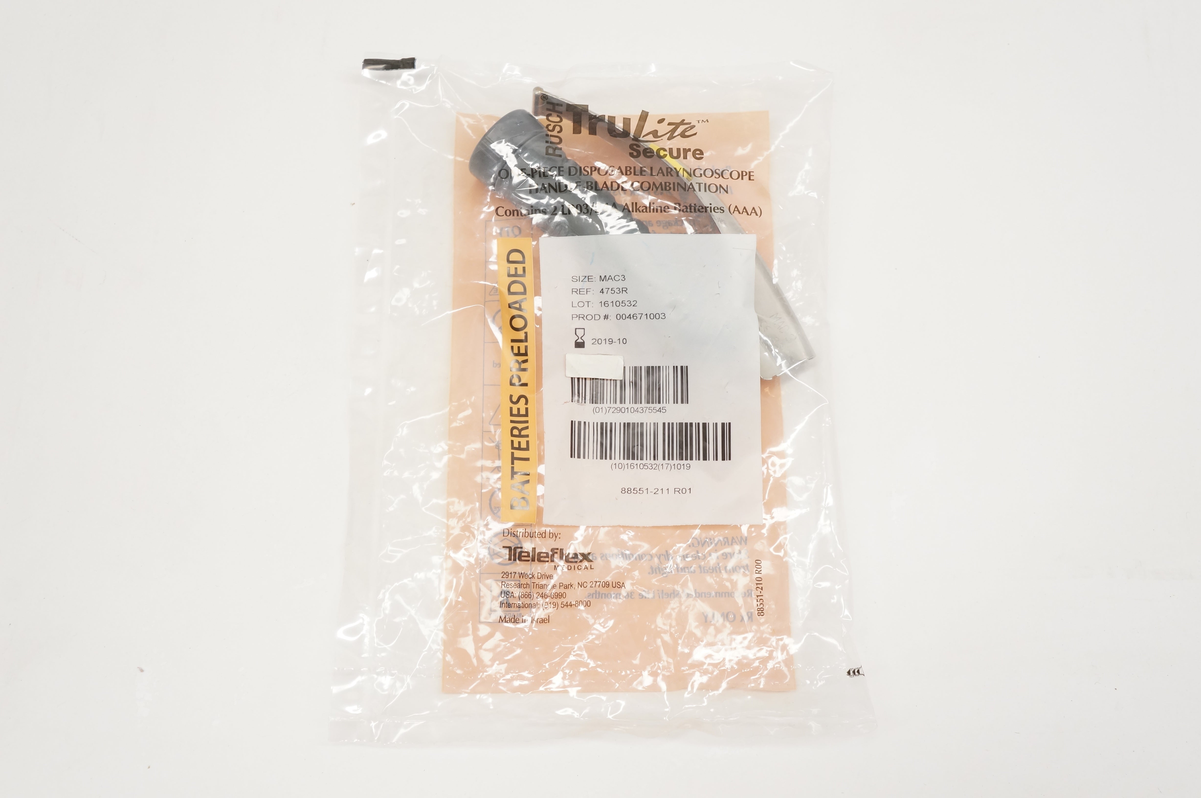 Rusch 4753R TruLite Secure Disposable Laryngoscope Handle-Blade, Mac 3 (x)