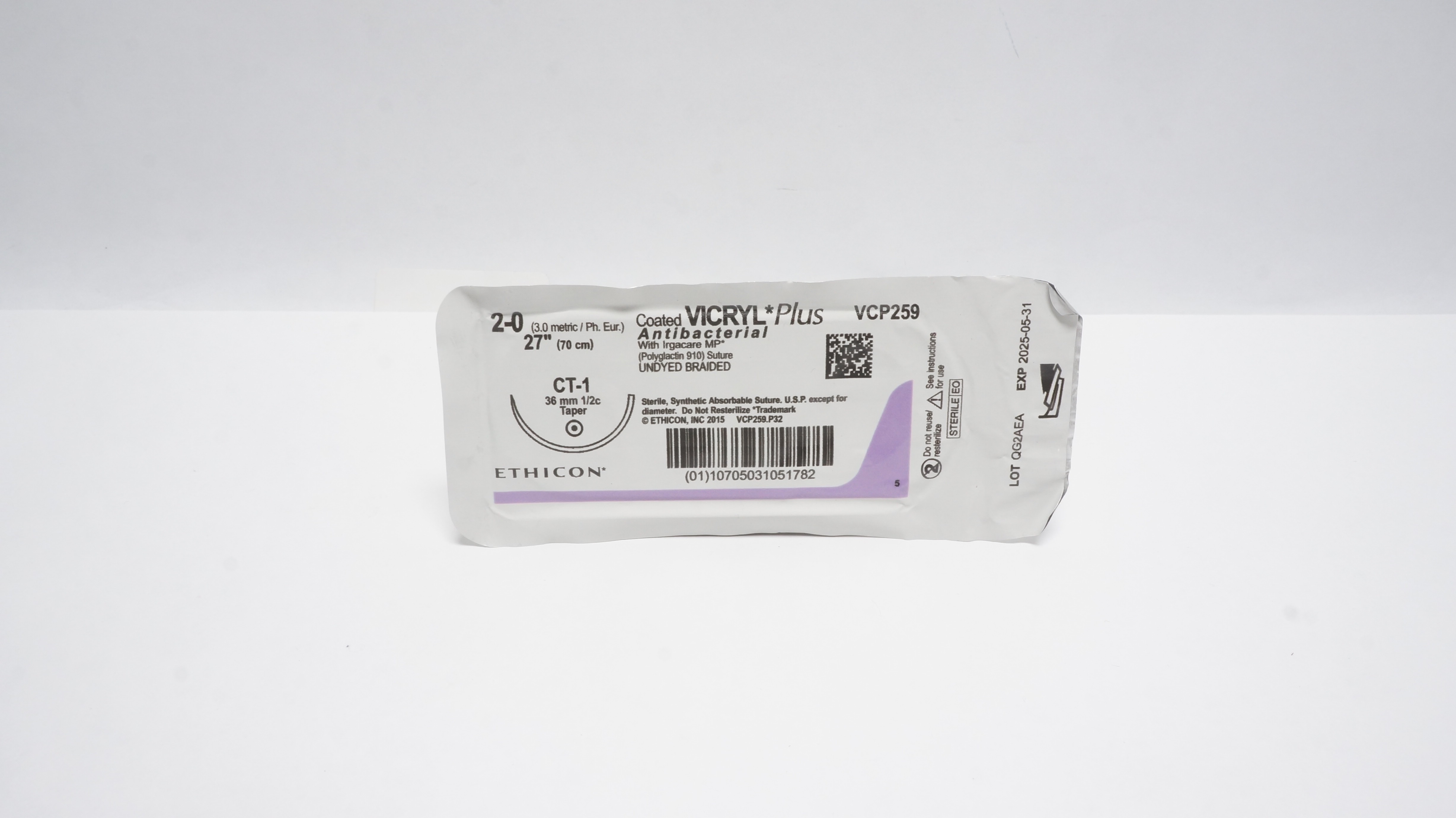 Ethicon VCP259 2-0 VICRYL PLus Polyglactin 910 Stre CT-1 36mm 1/2c Taper,27in(x)
