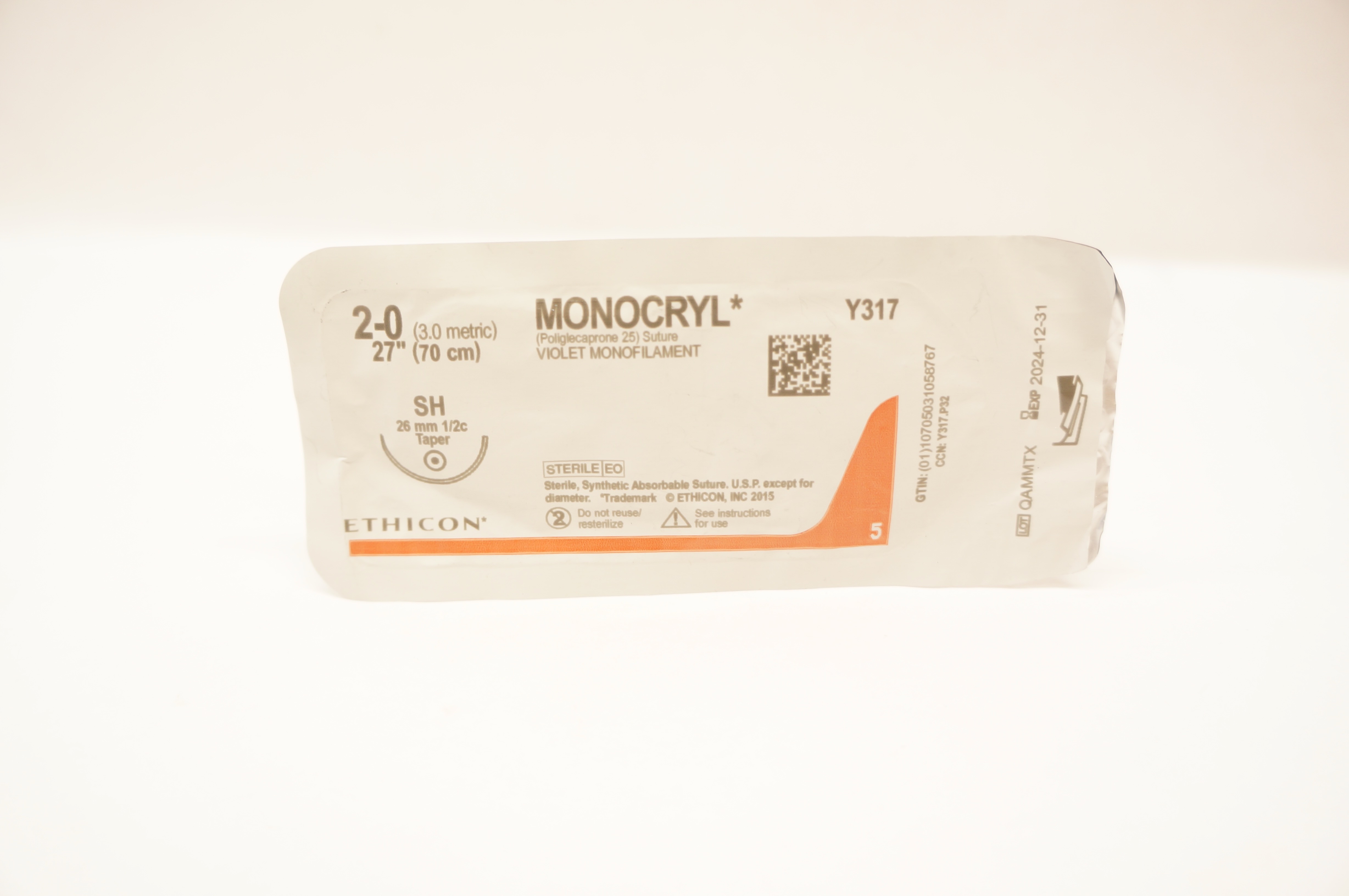 Ethicon Y317 2-0 MONOCRYL Poliglecaprone 25 Stre SH 26mm 1/2c Taper 27inch