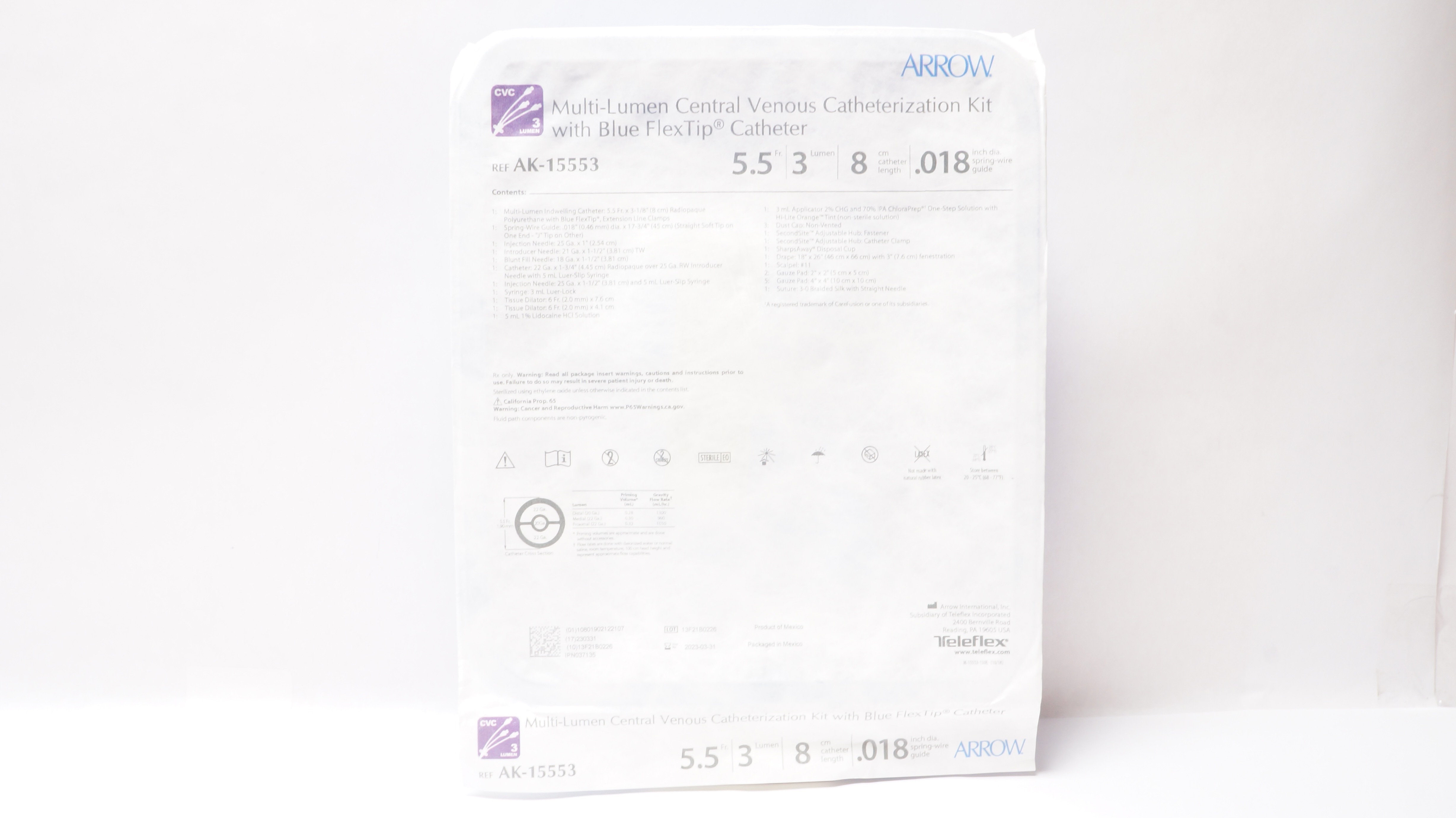 Arrow AK-15553 Multi-Lumen Central Venous Catheterization Kit 5.5Fr x 8cm (x)