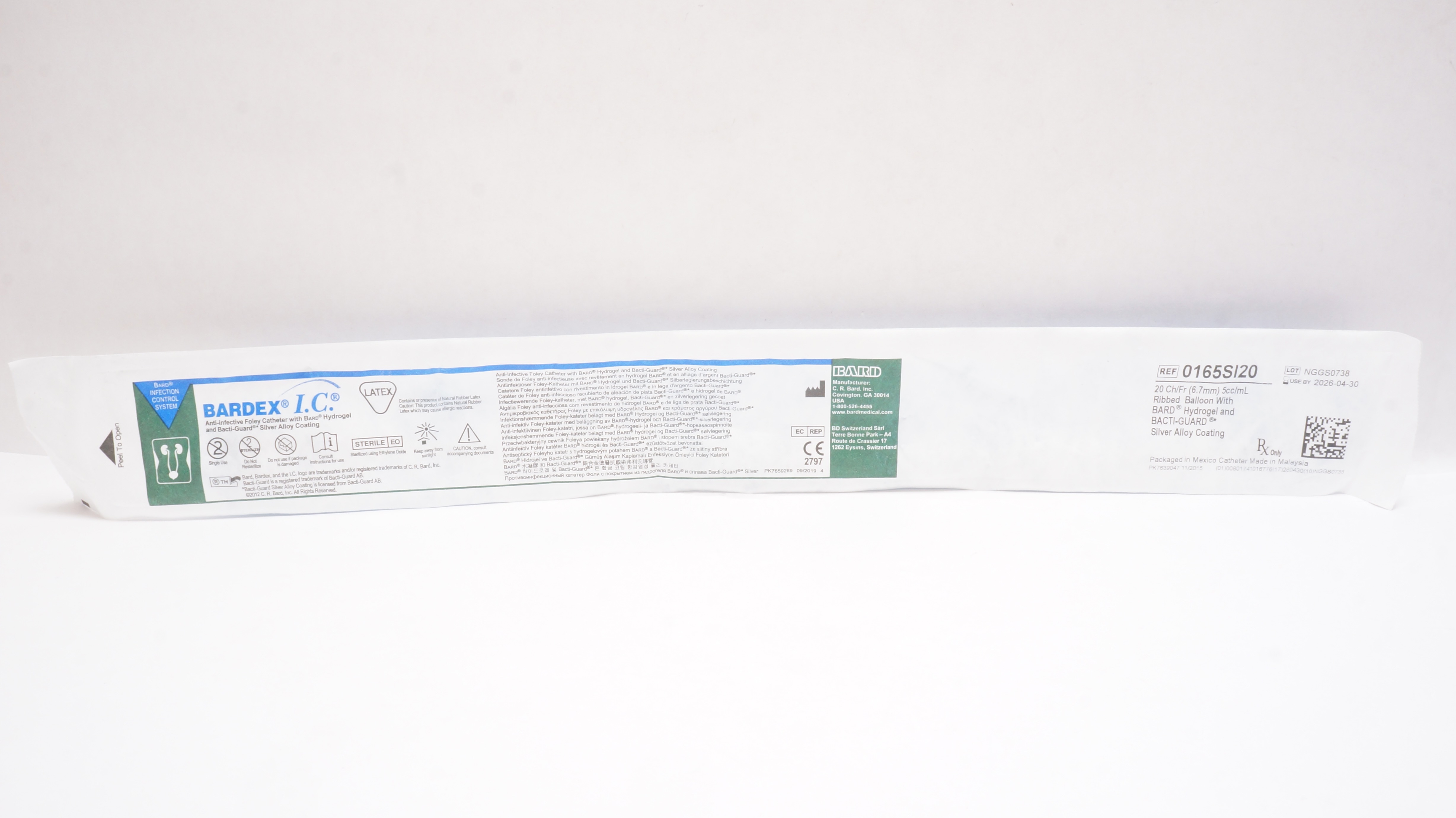 Bard 0165SI20 Bardex IC Aniti-Infective FoleyCath. 20Ch/Fr 5cc/mL Ribbed Balloon