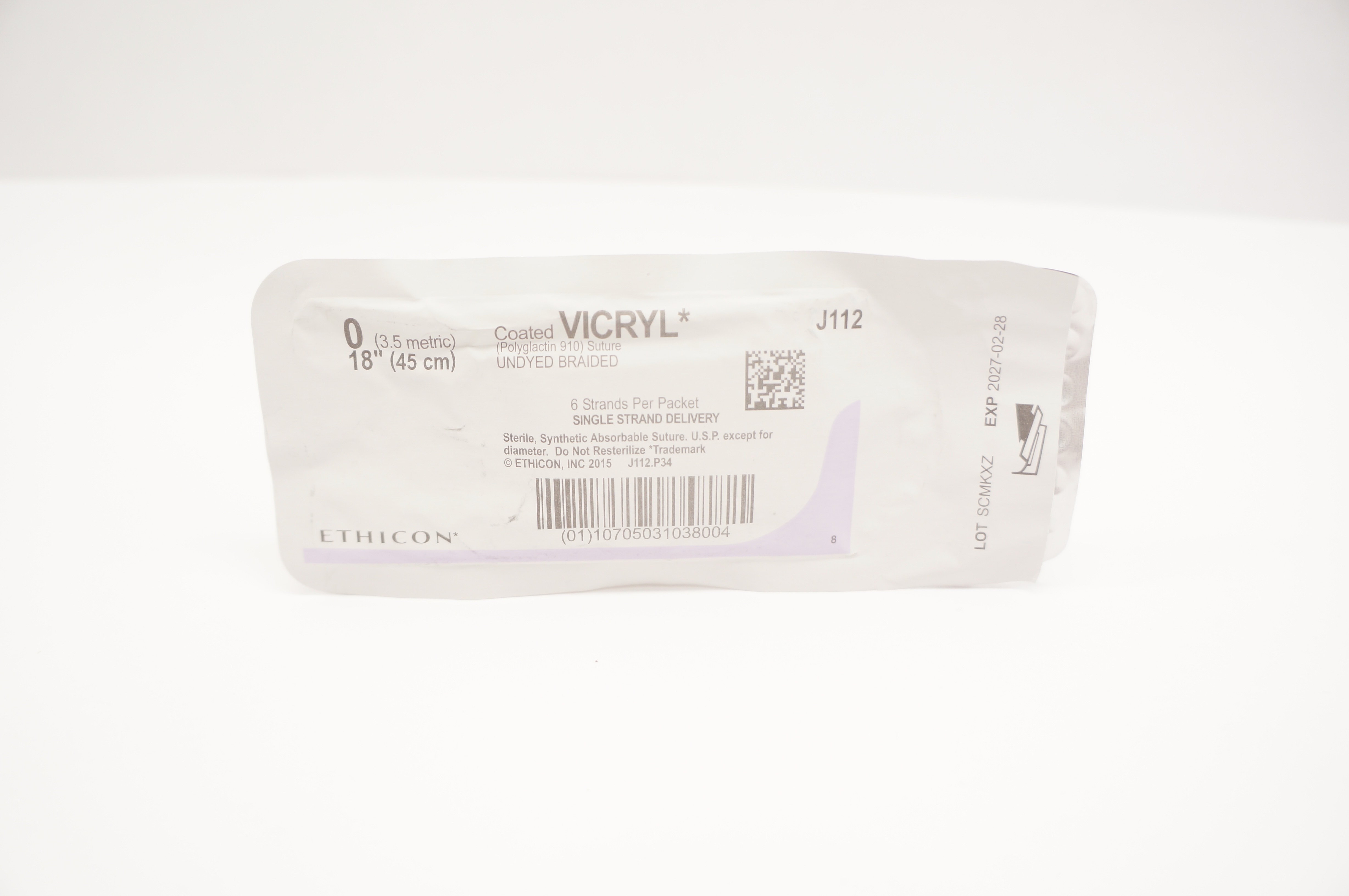 Ethicon J112 0 Coated VICRYL Stre. Undyed Braided, 18inch