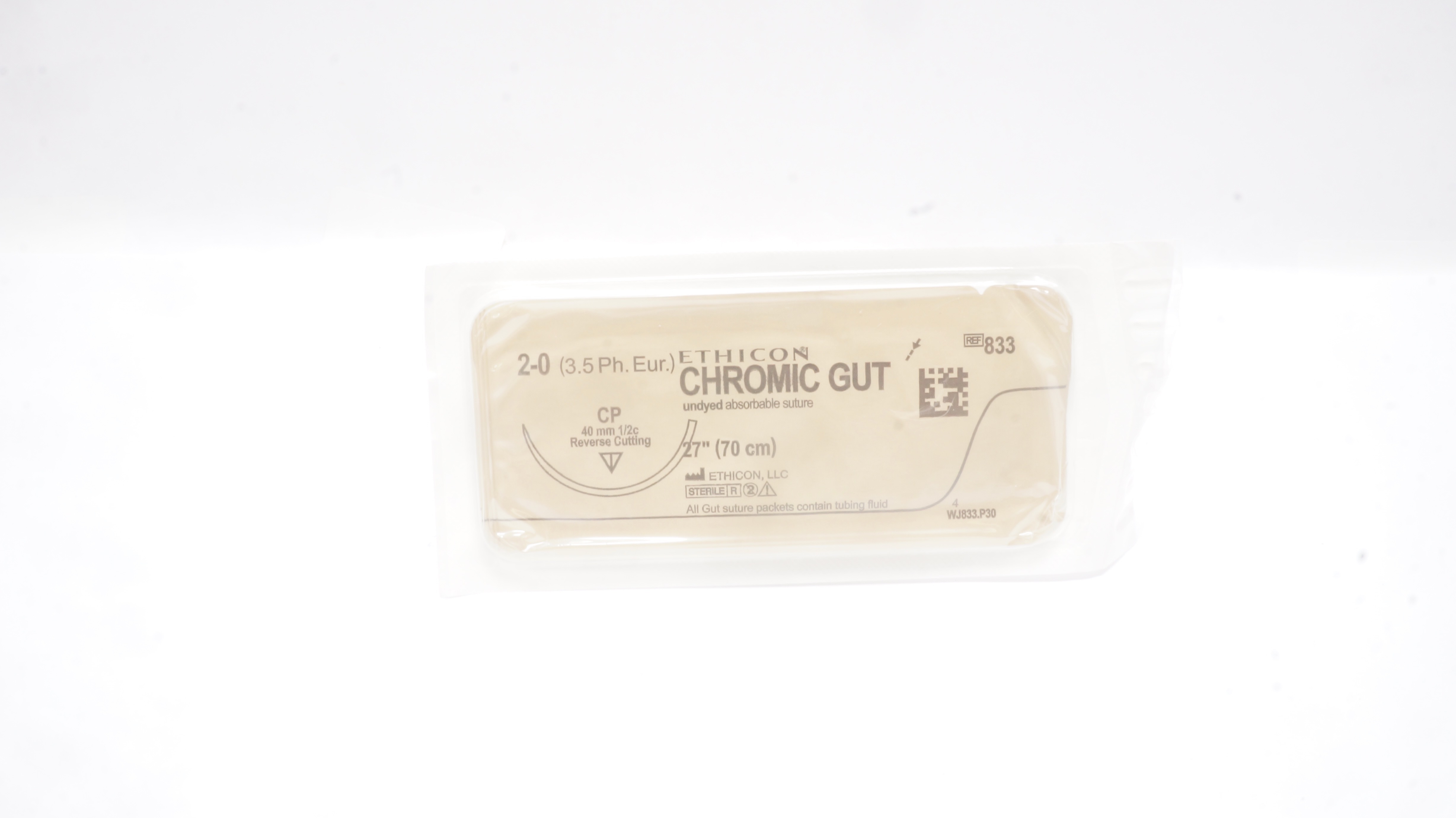 Ethicon 833 2-0 Chromic Gut Surgical Stre CP 40mm 1/2c Reverse Cutting 27inch