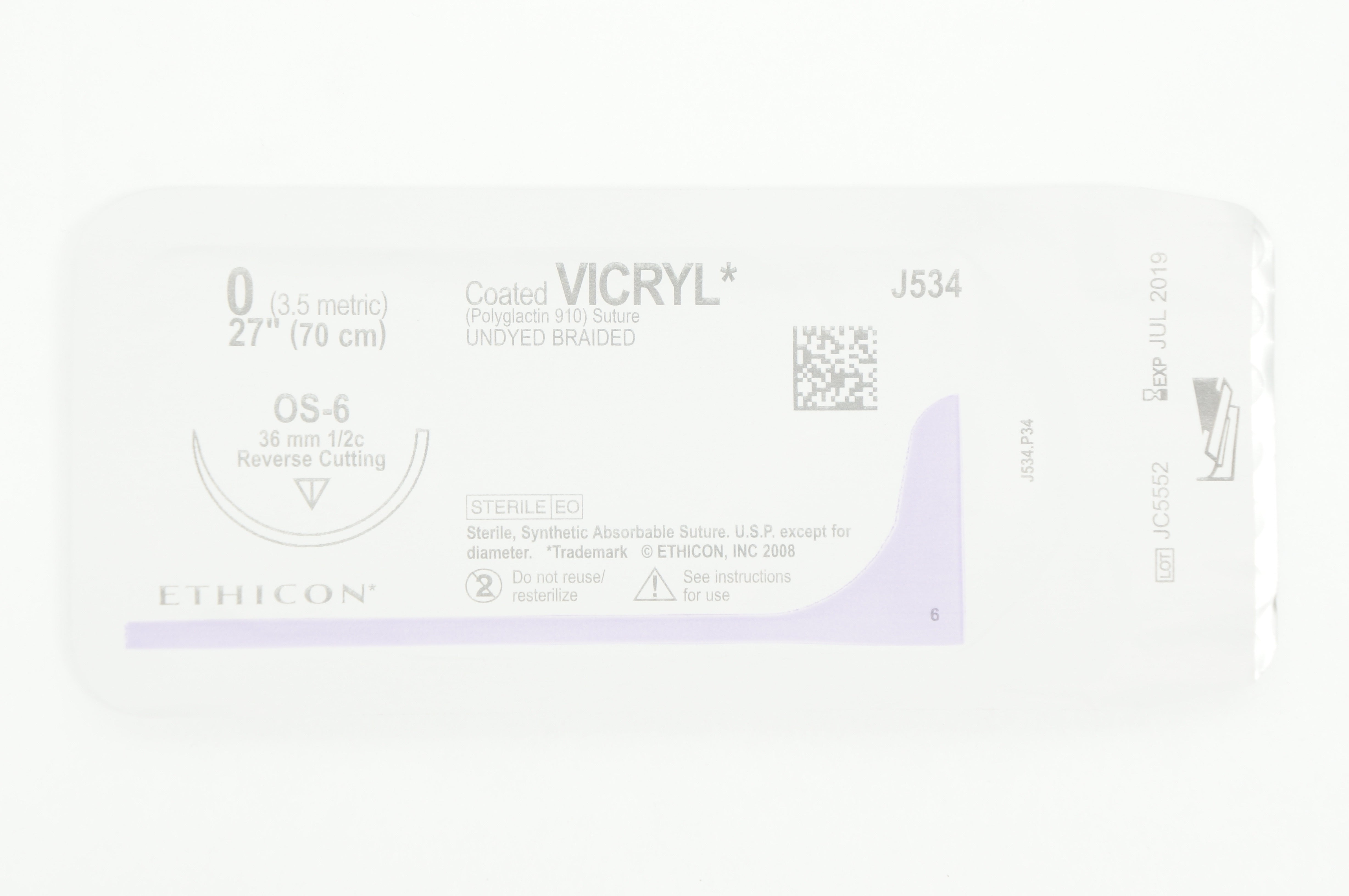 Ethicon J534 0 Coated VICRYL OS-6 36mm 1/2c Reverse Cutting 27inch (x)