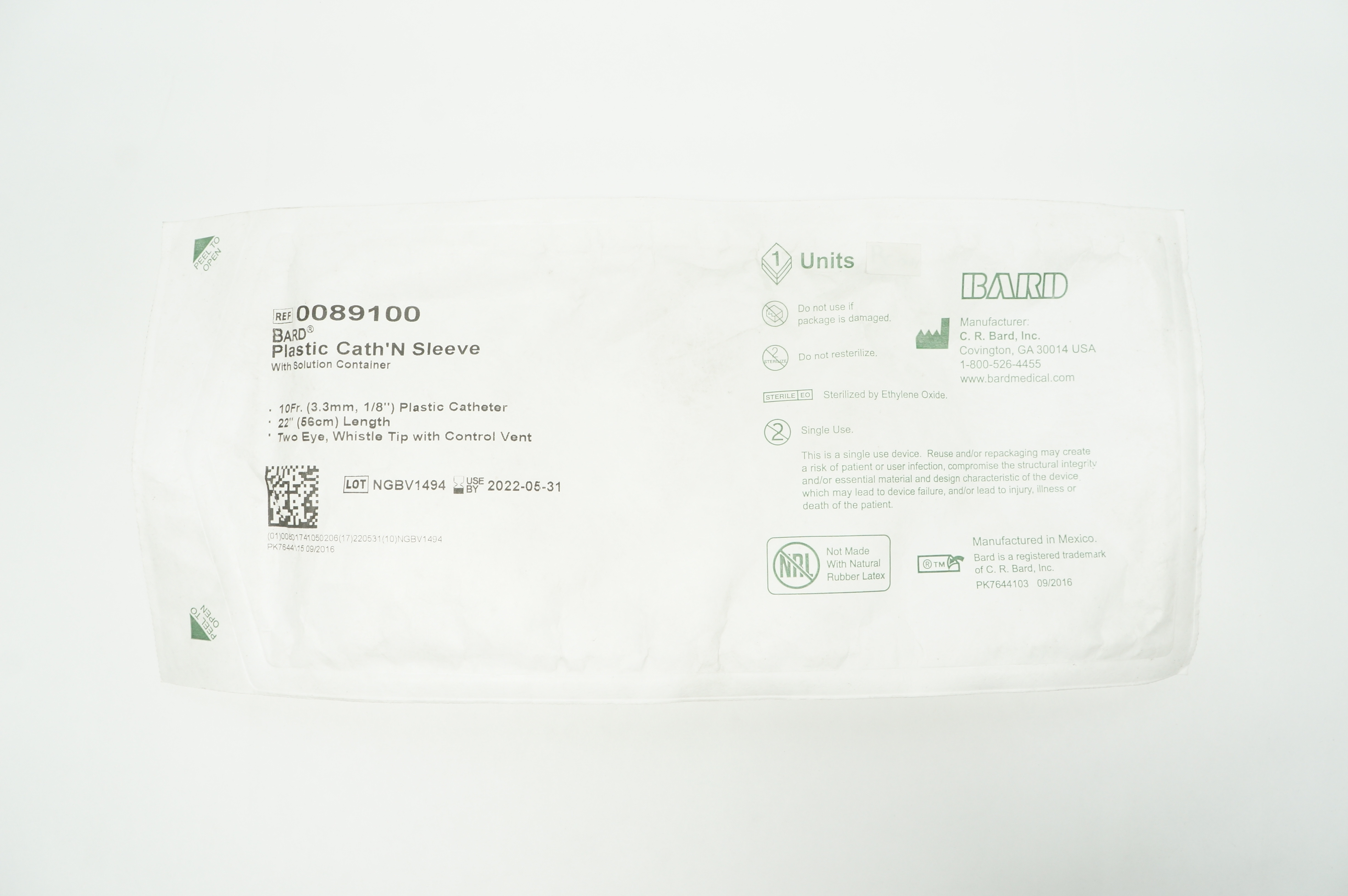 Bard 0089100 Plastic Cath'N Sleeve With Solution Container 10Fr x 22inch (x)