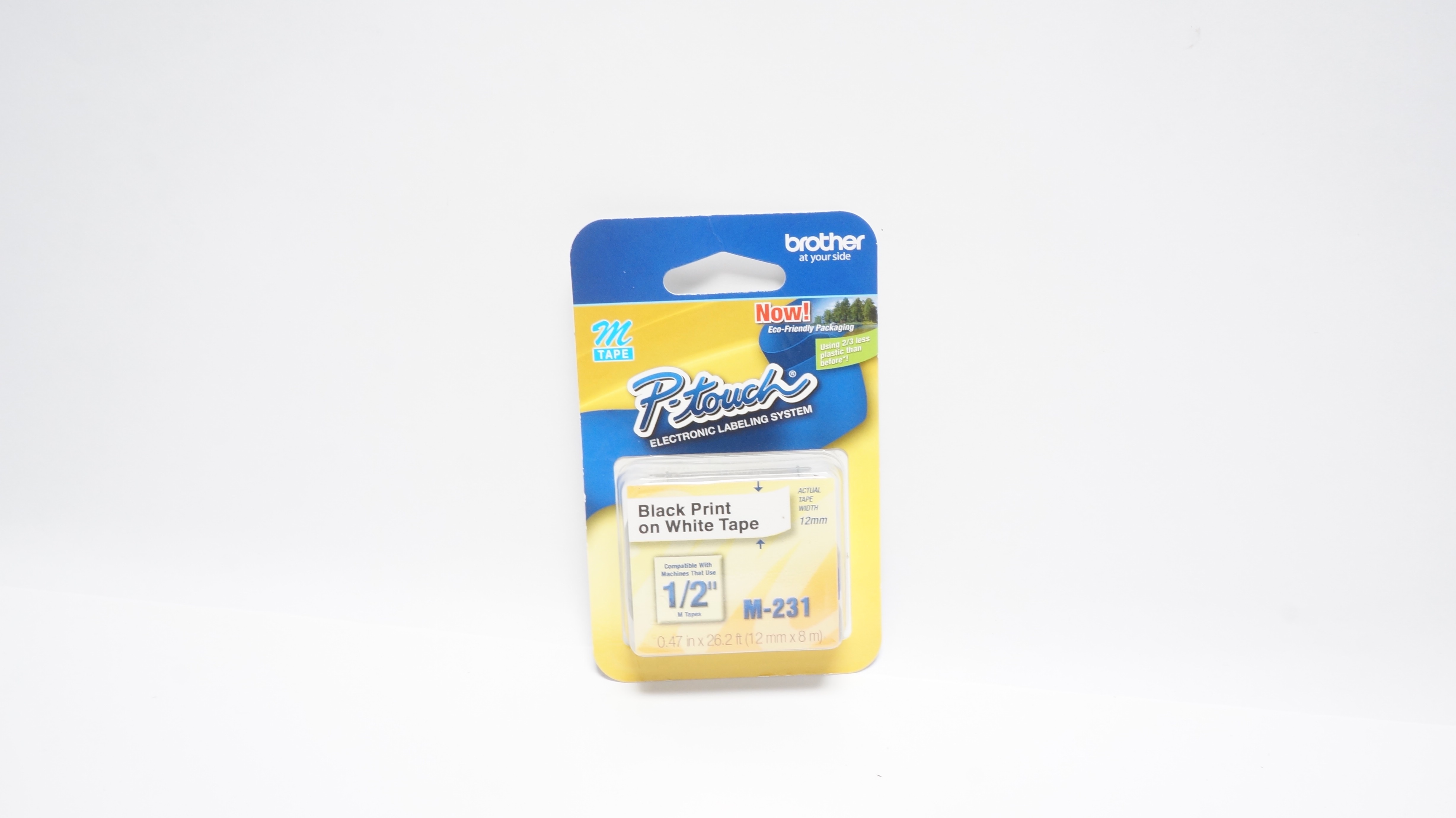 Brother M-231  P-Touch Black Print on White Tape 1/2In,M-Tape, 0.47In x 26.2ft