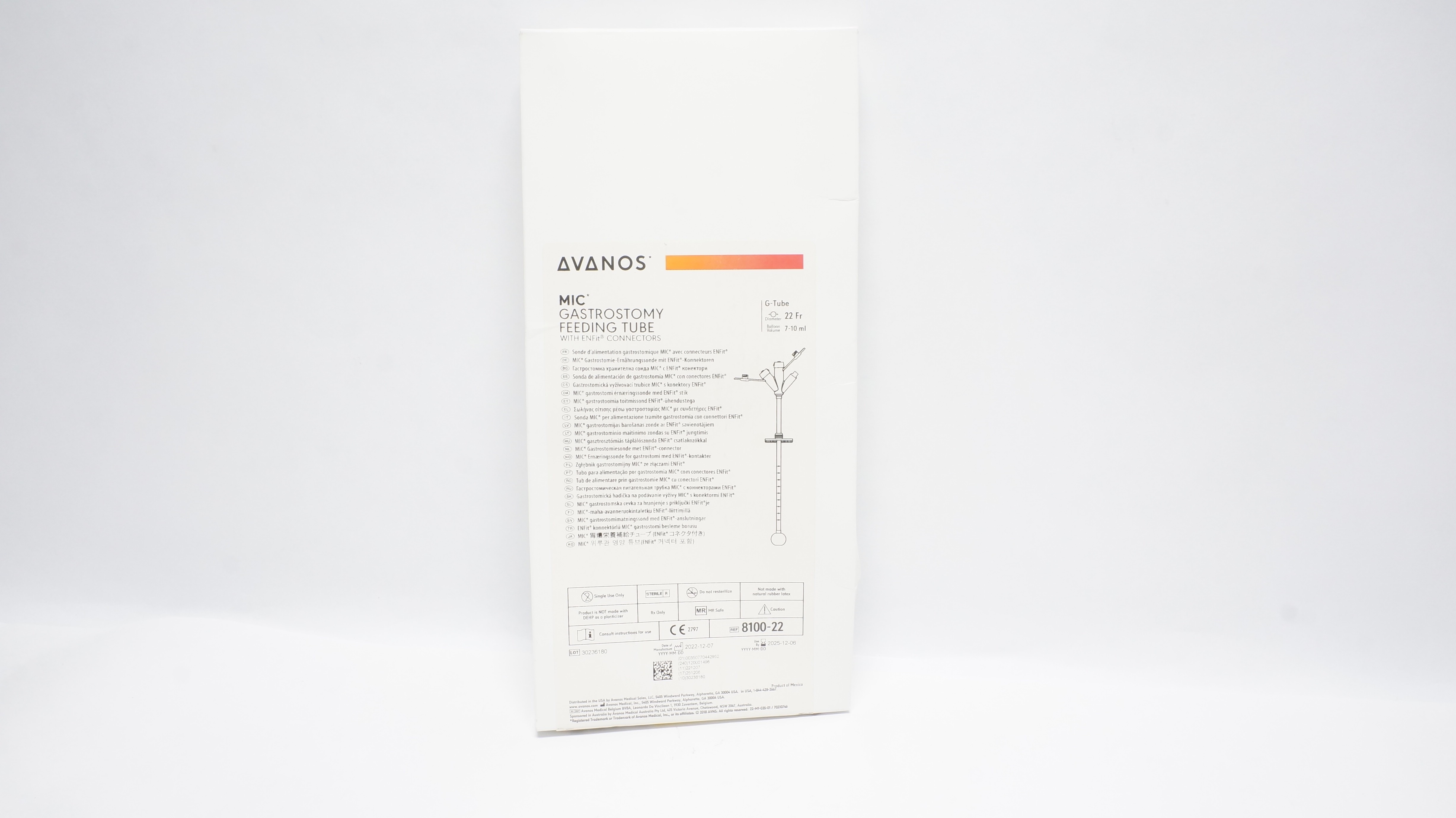 Avanos 8100-22 MIC Gastrostomy Feeding Tube w/ ENFit Connector 22Fr (x)