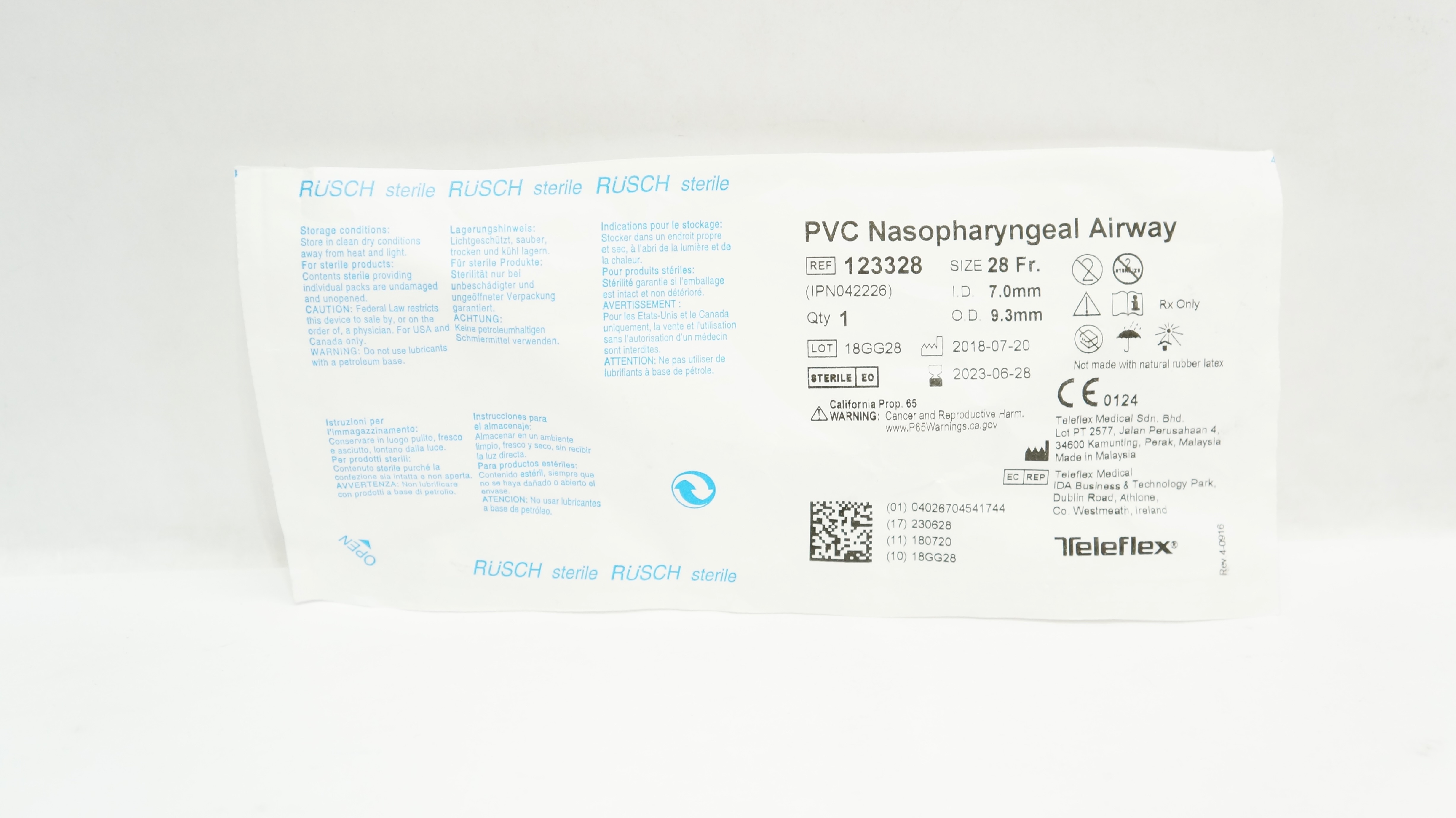 Teleflex 123328 RUSCH PVC Nasopharyngeal Airway 28Fr. x 7.0mm ID x 9.3mm OD