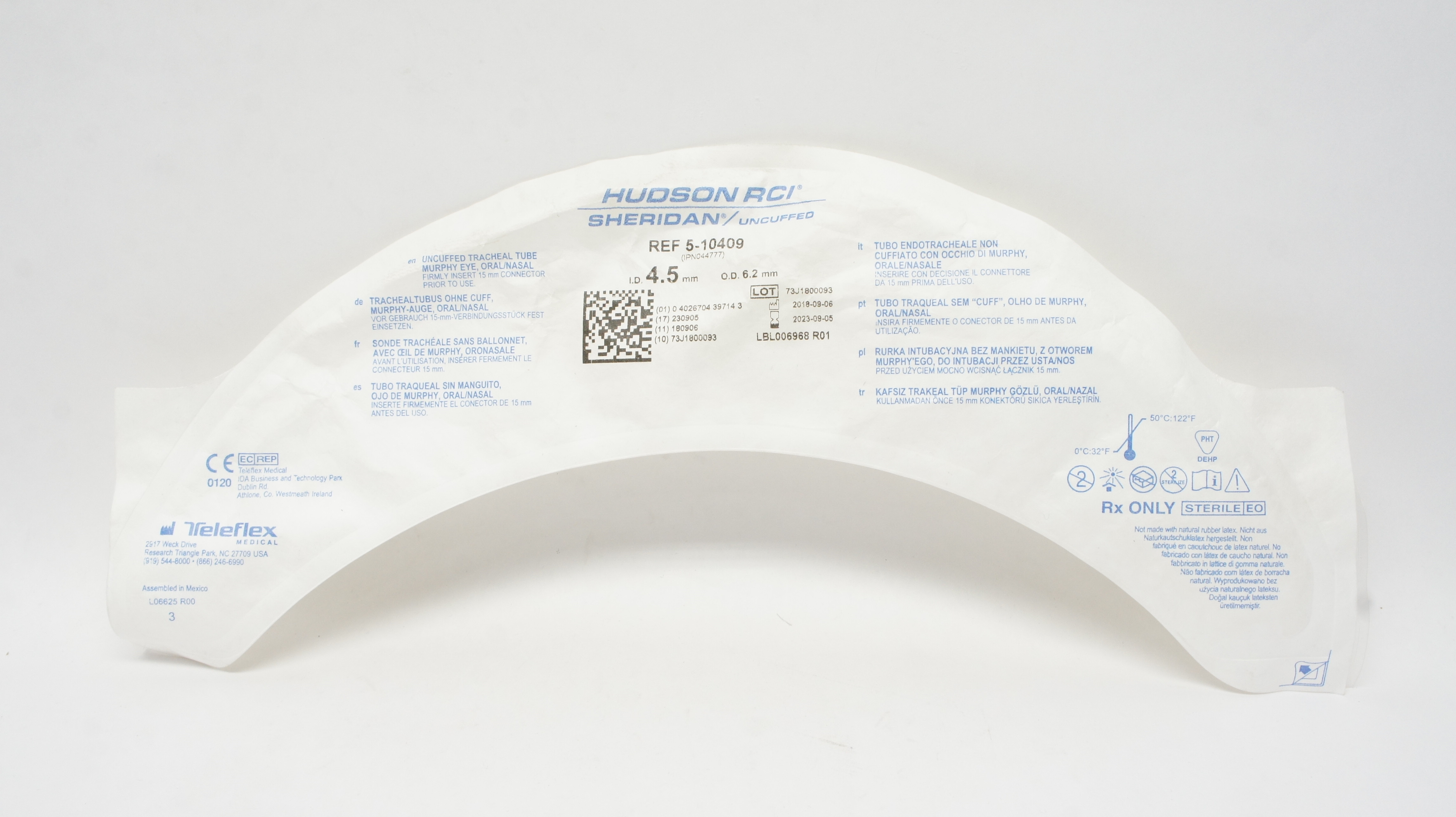 Teleflex 5-10409 Hudson RCI Sheridan Uncuffed Tracheal Tube 4.5mm ID x 6.2mm OD