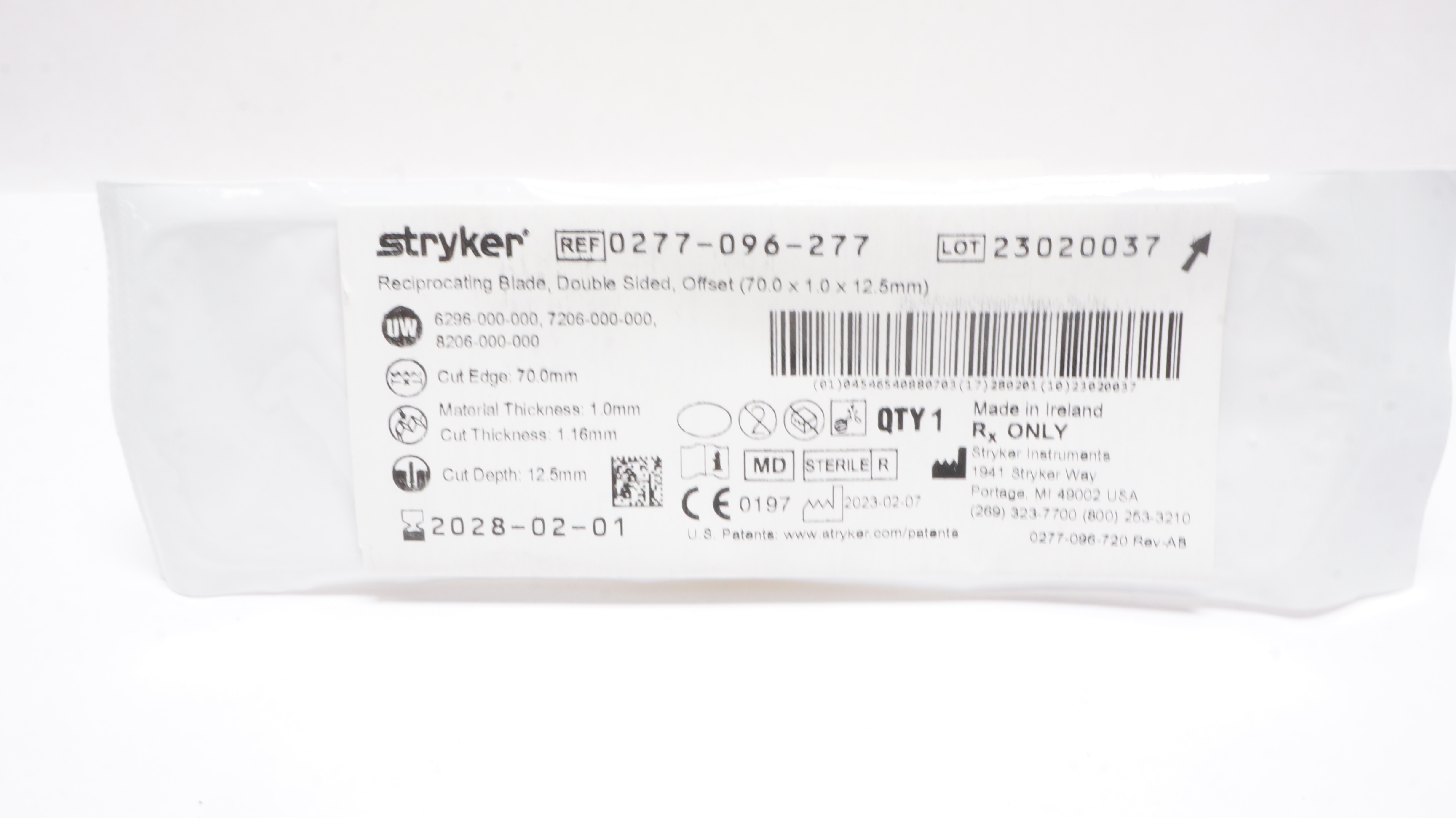 Stryker 0277-096-277 Reciprocating Blade Double Sided Offset 70.0x1.0x12.5mm