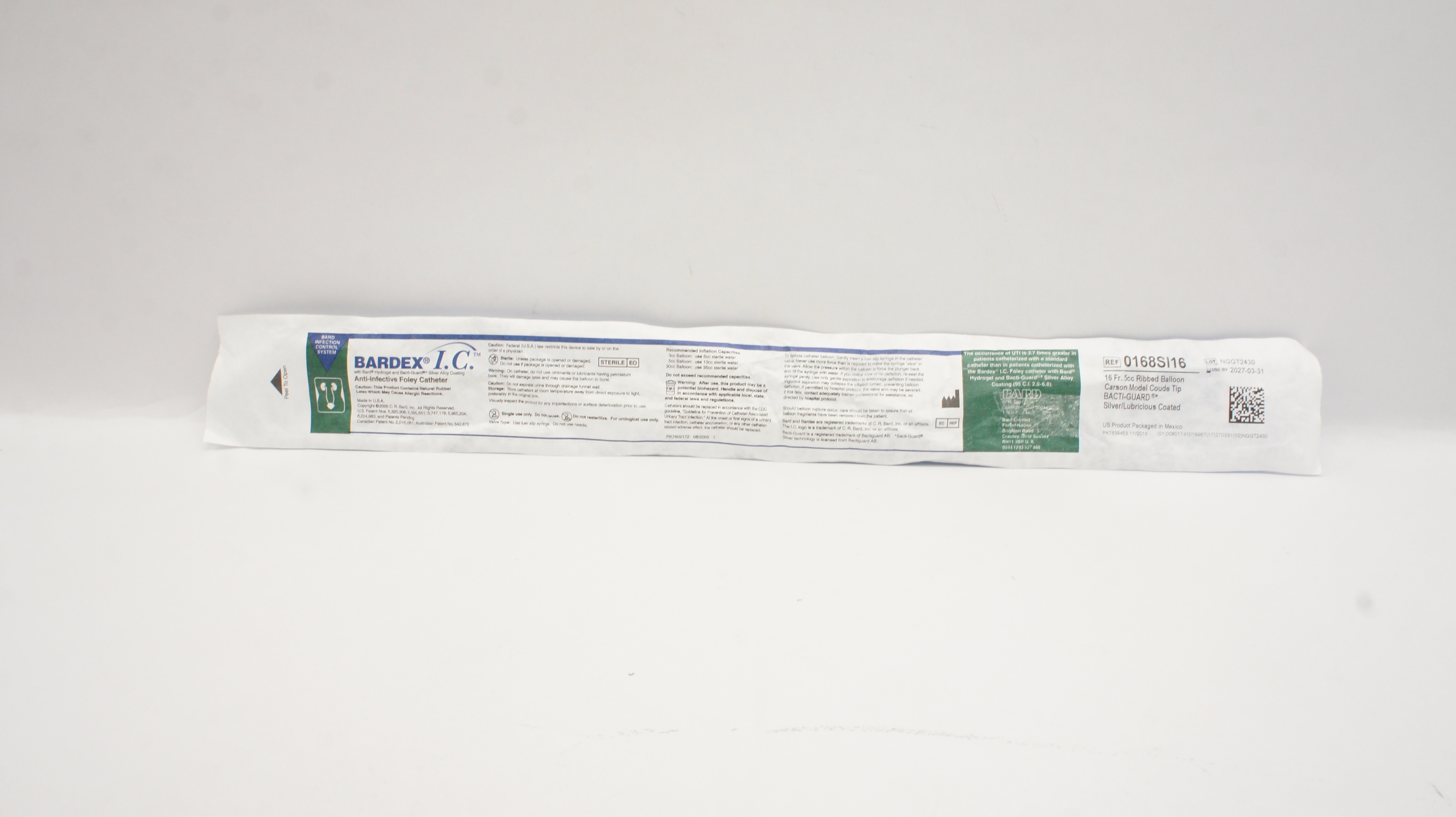 Bard 0168SI16 Bardex I.C. Anti-Infective Foley Cath. 16Fr 5cc Ribbed Balloon