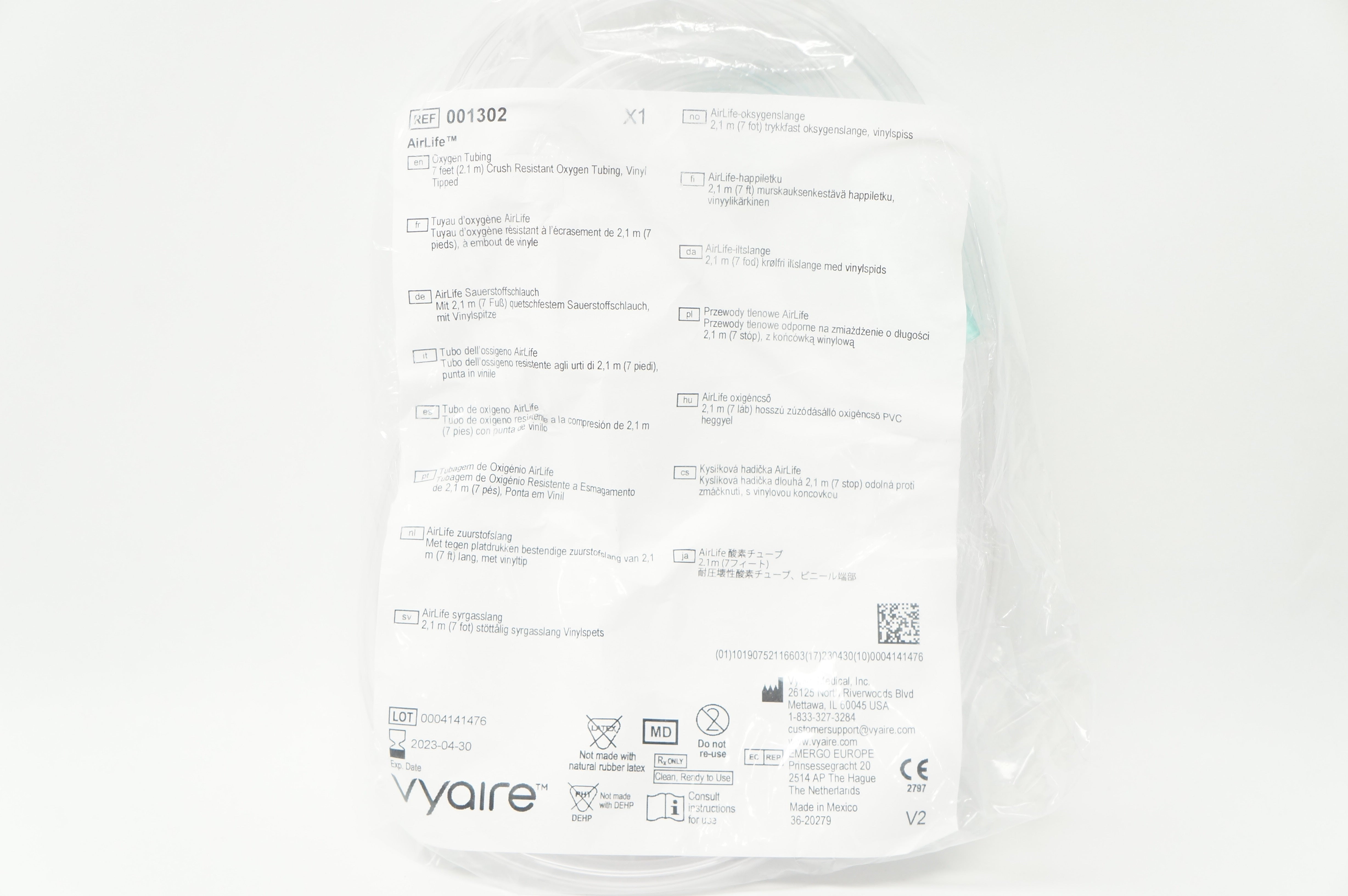Vyaire 001302 AirLife Crush Resistant Oxygen Tubing 7 feet, Vinyl Tipped