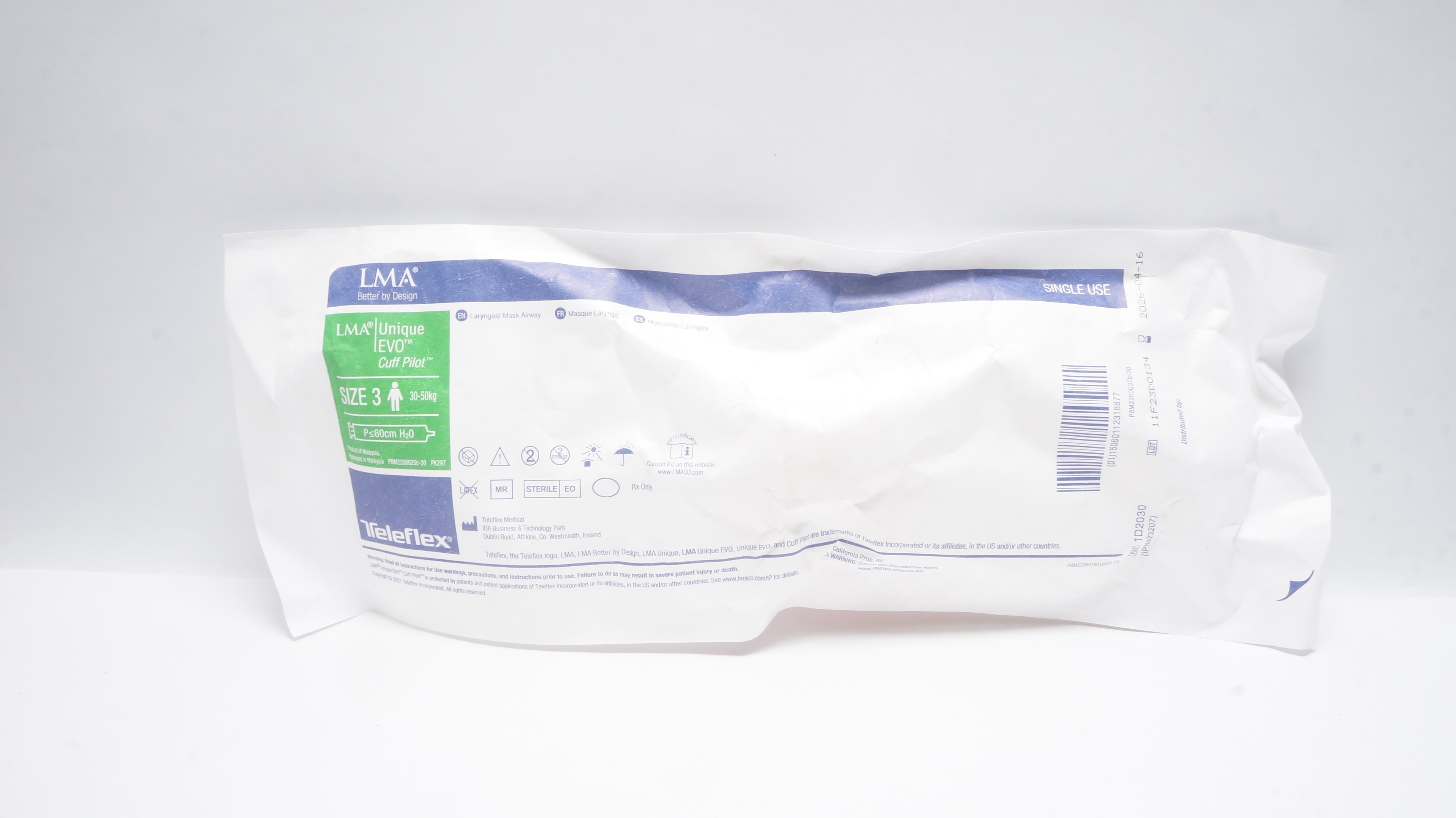 Teleflex 1D2030 LMA Unique EVO Laryngeal Mask Airway Size 3, 30-50kg P≤60cm