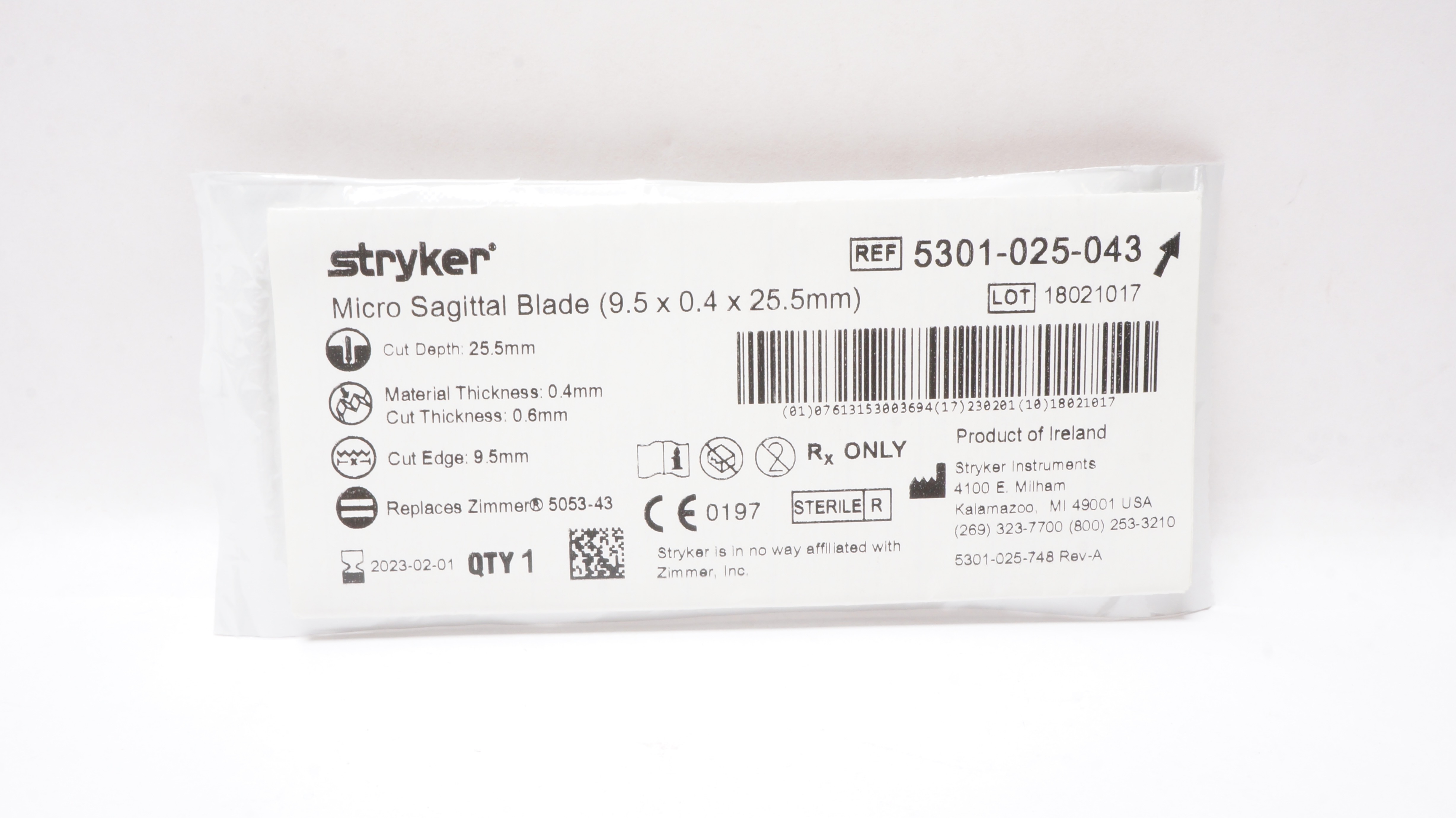 Stryker 5301-025-043 Micro Sagittal Blade 9.5 x 0.4 x 25.5mm (x)