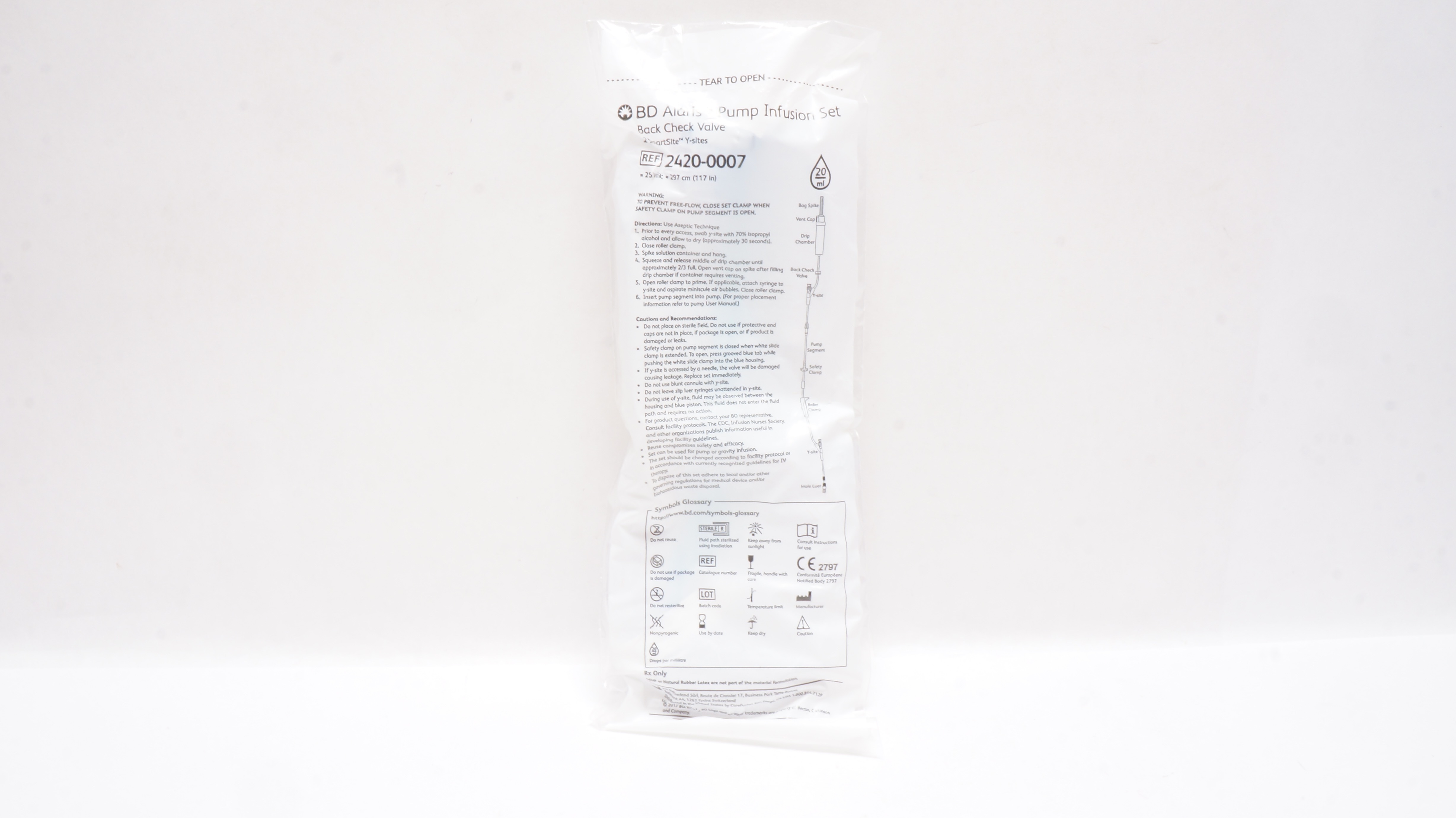 BD 2420-0007 Alaris Pump Infusion Set Back Check Valve 117inch x 25ml 20Drops/ml