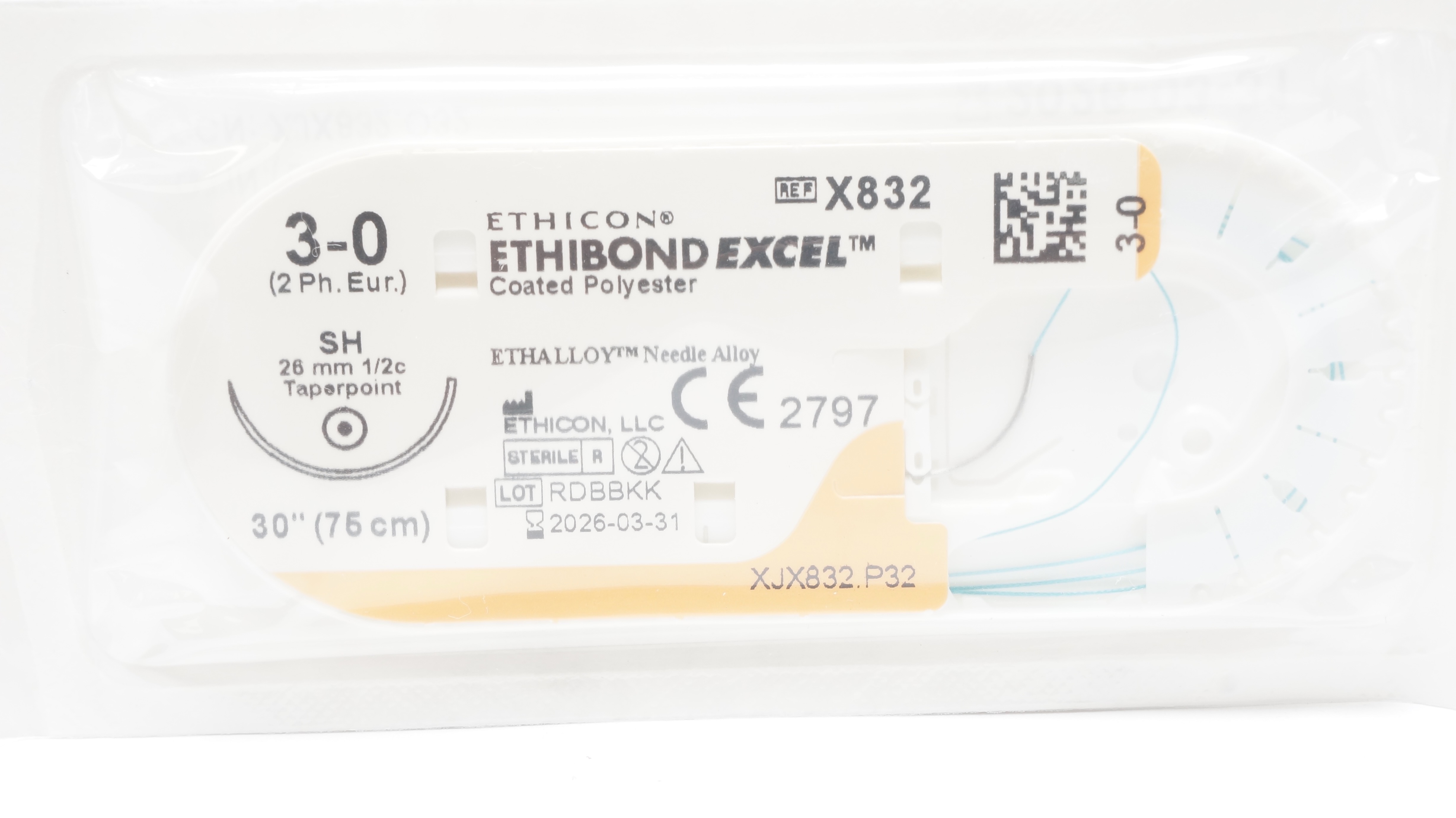 Ethicon X832 3-0 Ethibond Excel Polyester Stre SH 26mm 1/2c Taperpoint 30inch