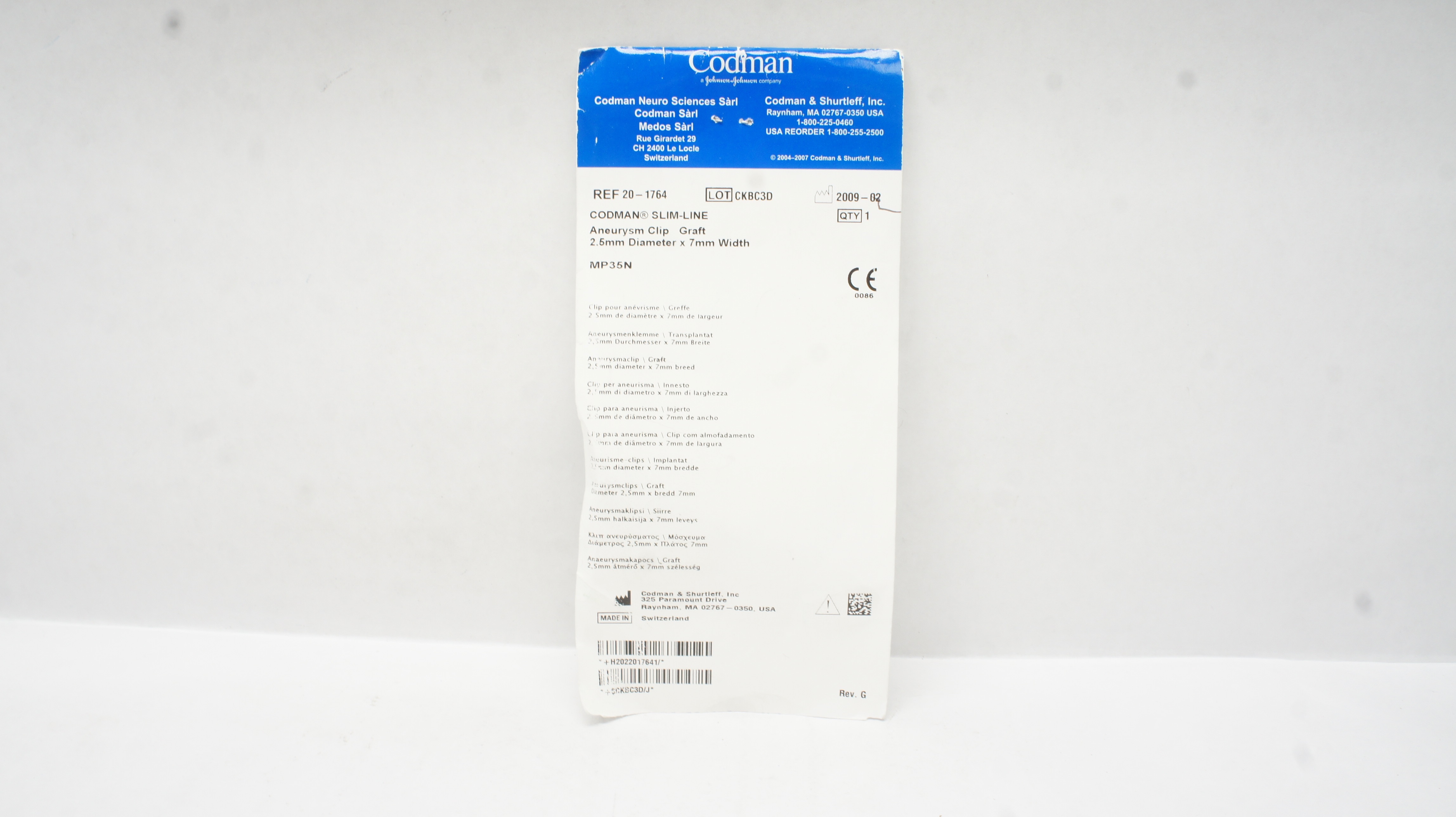 Codman 20-1764 Slim-Line Aneurysm Clip Graft 2.5mm x 7mm