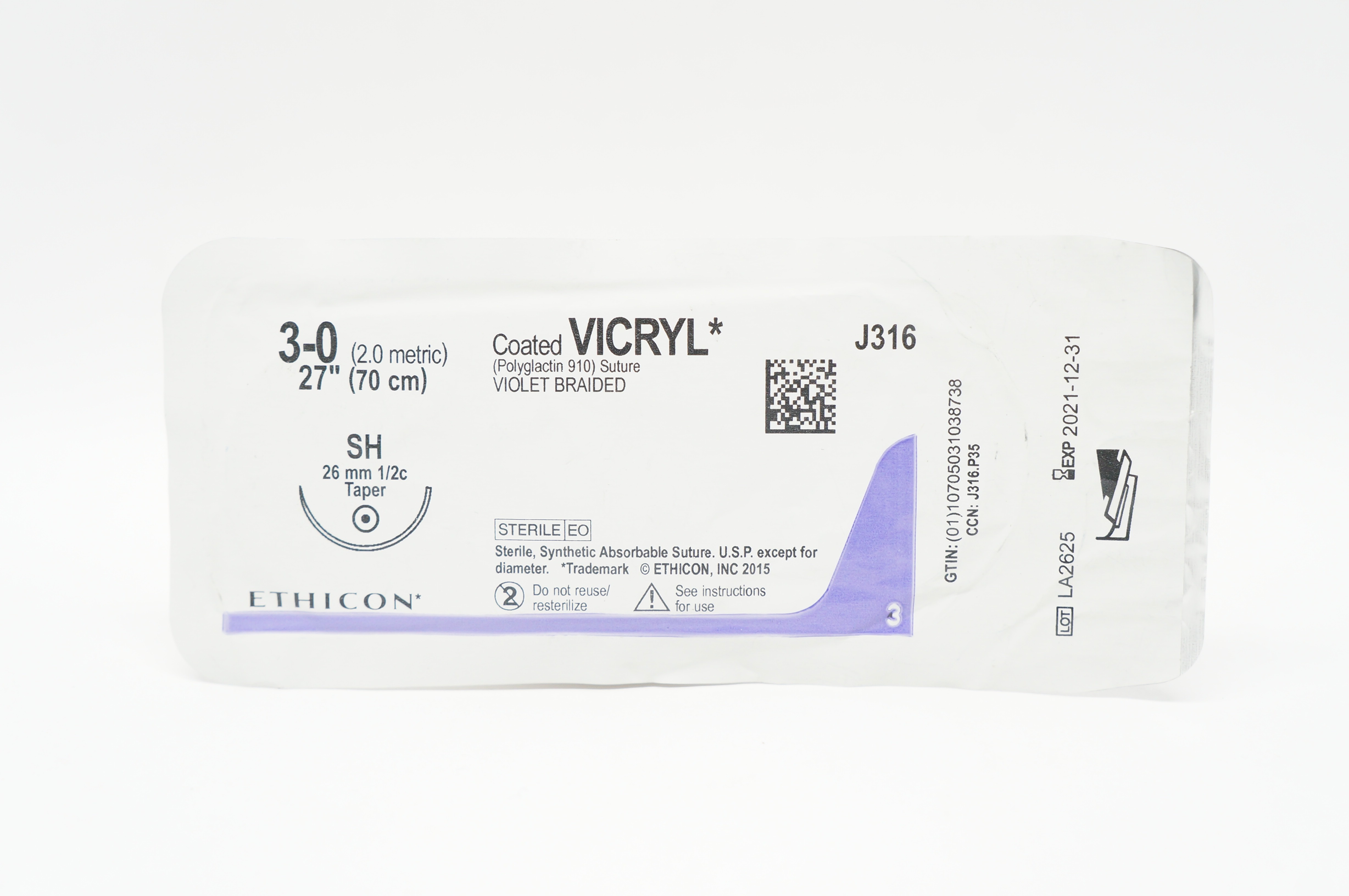 Ethicon J316 3-0 Coated VICRYL Stre, SH 26mm 1/2c Taper, 27inch (x)