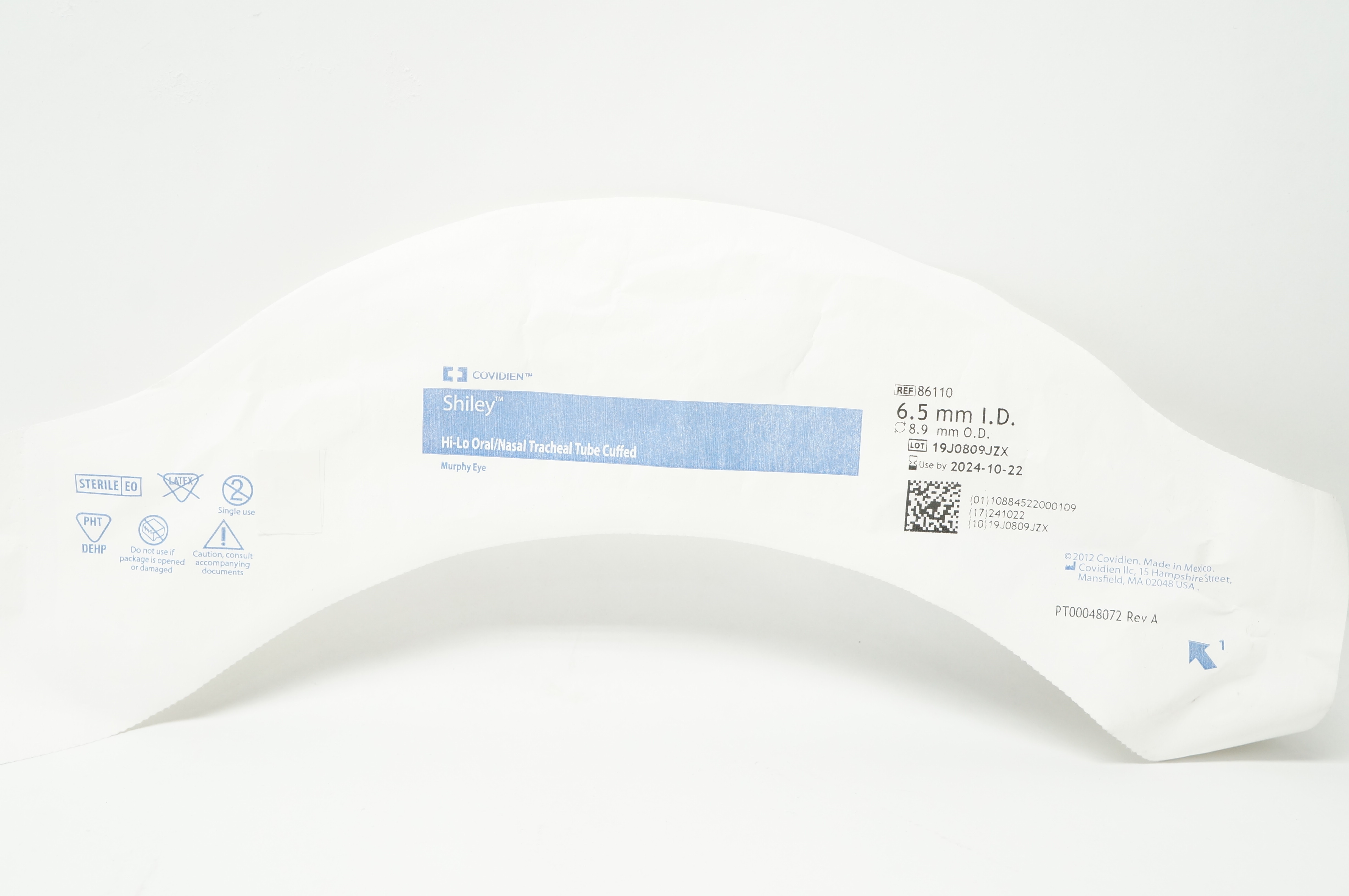 Covidien 86110 Shiley Hi-Lo Oral/Nasal Tracheal Tube Cuffed 6.5mm ID x 8.9mm OD