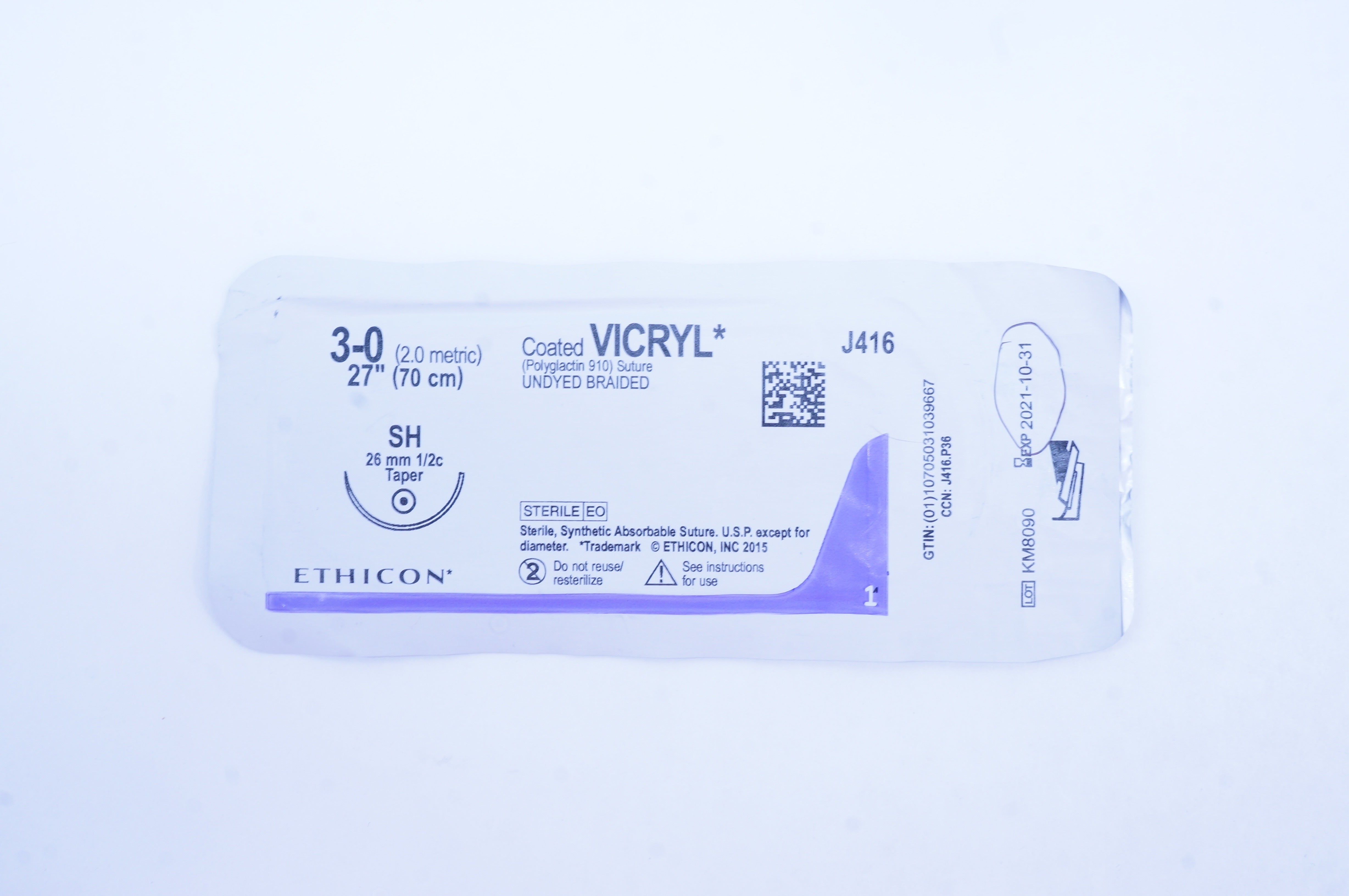 Ethicon J416 3-0 Coated VICRYL Polyglactin 910 Stre SH 26mm 1/2c Taper, 27inch