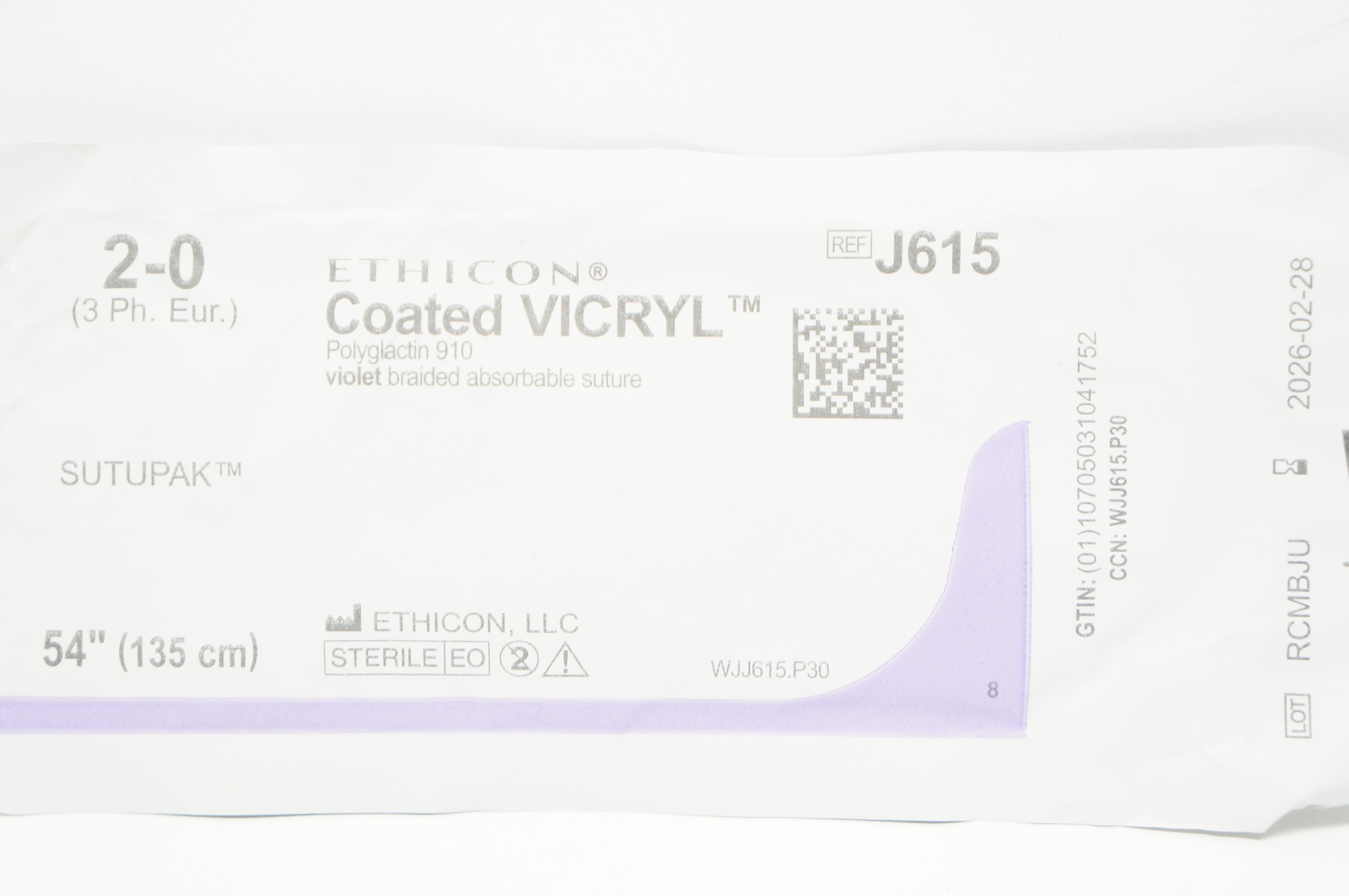Ethicon J615 2-0 Coated VICRYL (Polyglactin 910) Stre Violet Braided 54inch