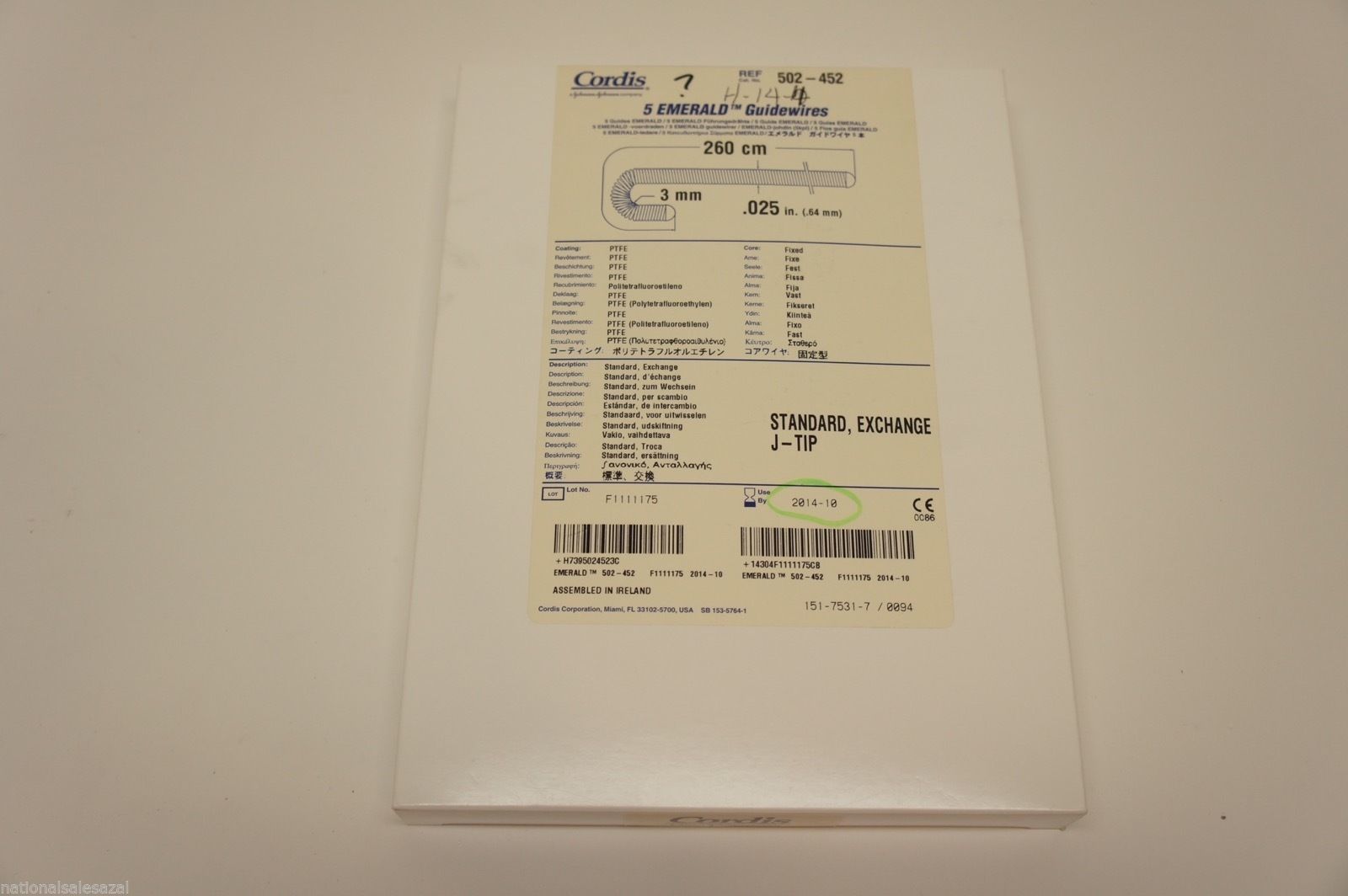 502-452 ~ Cordis Guidewire 0.025in. x 260cm (x) ~ Box of 5