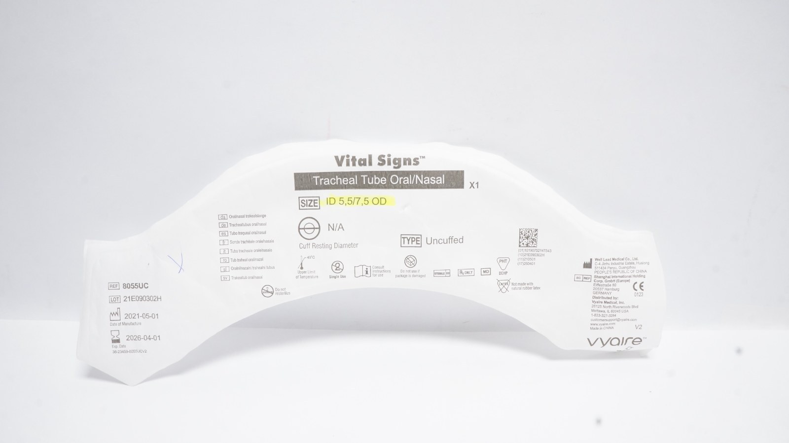 Vyaire 8055UC Vital Signs Tracheal Tube Oral/Nasal ID 5.5/7.5 OD