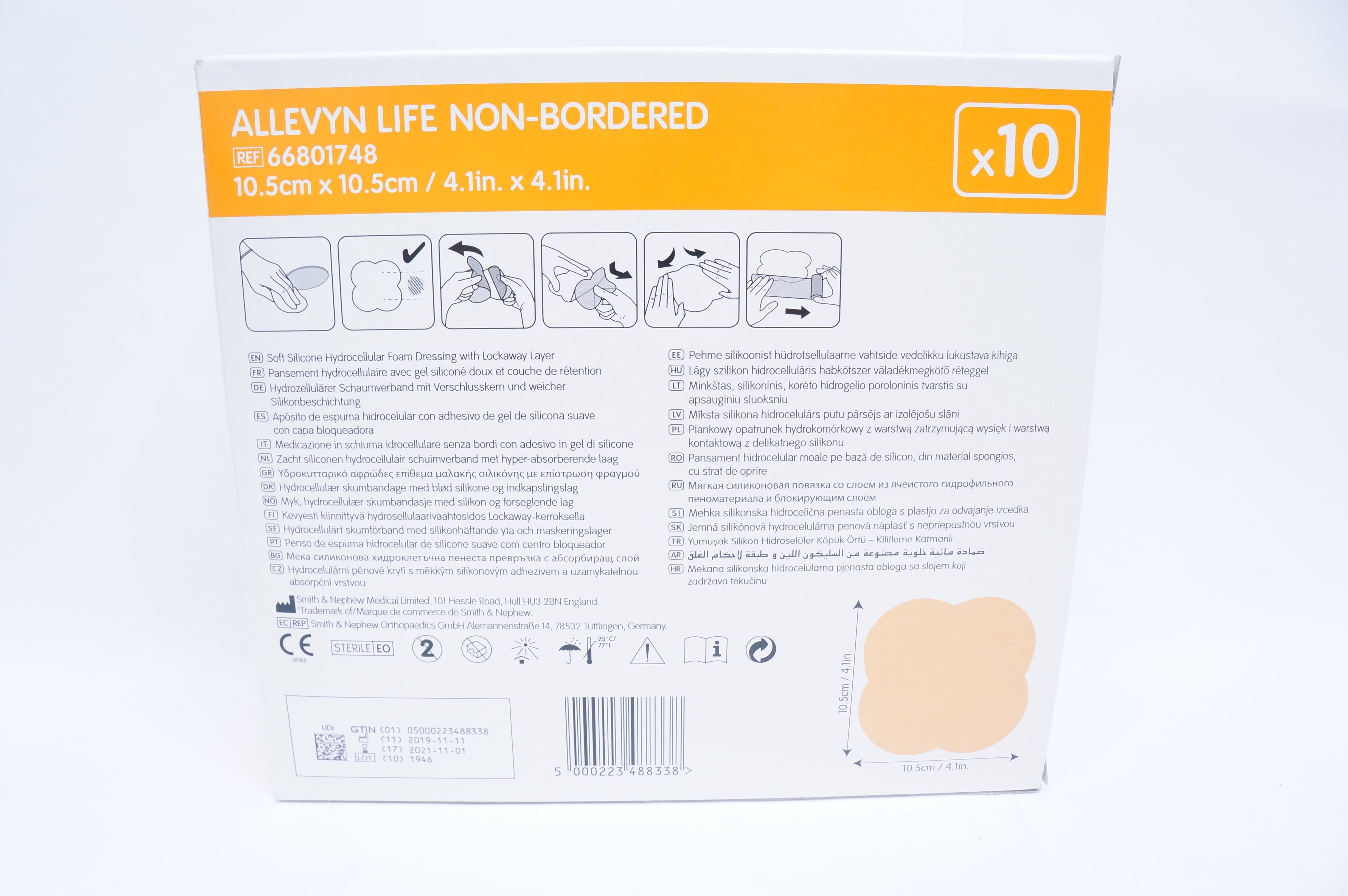 Smith & Nephew 66801748 Soft Silicone Foam Dressing 10.5 x 10.5cm -Box of 10