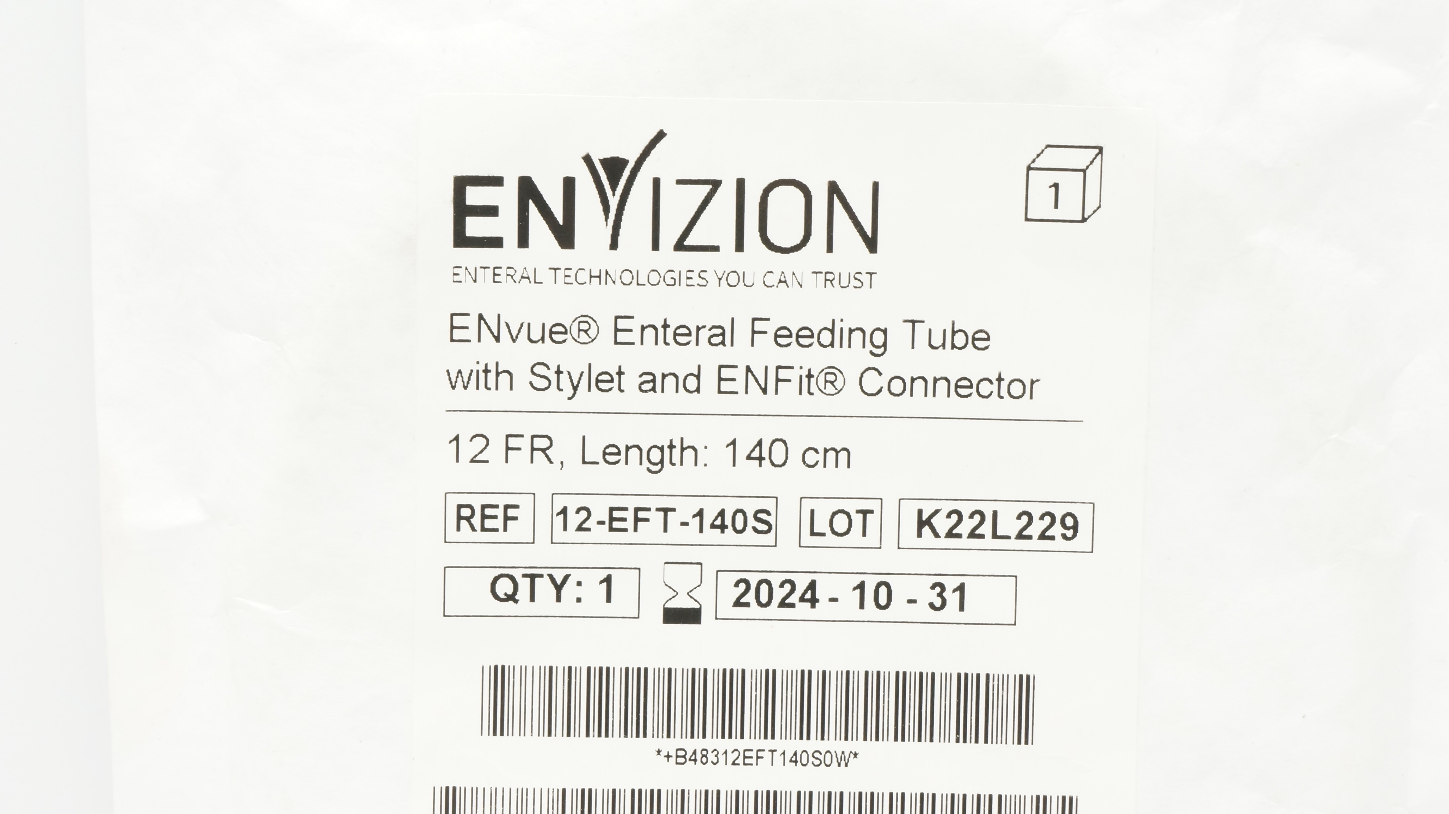 ENvizion 12-EFT-140S ENvue Enteral Feeding Tube W/Stylet&Connector 12Frx140cm(x)