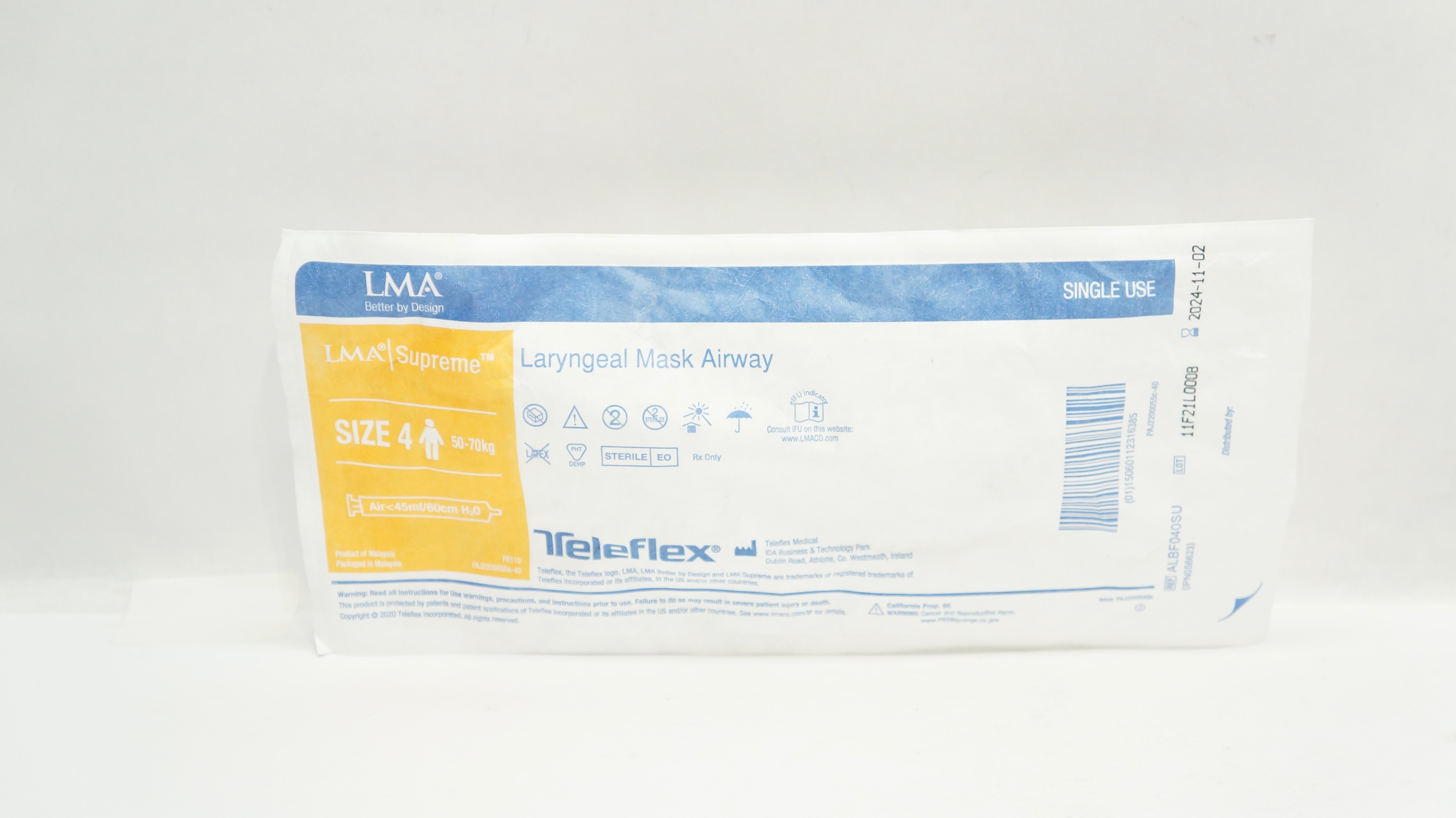 Teleflex ALBF040SU LMA Laryngeal Mask Airway Size 4 50-70kg Air<45/60cm H2O