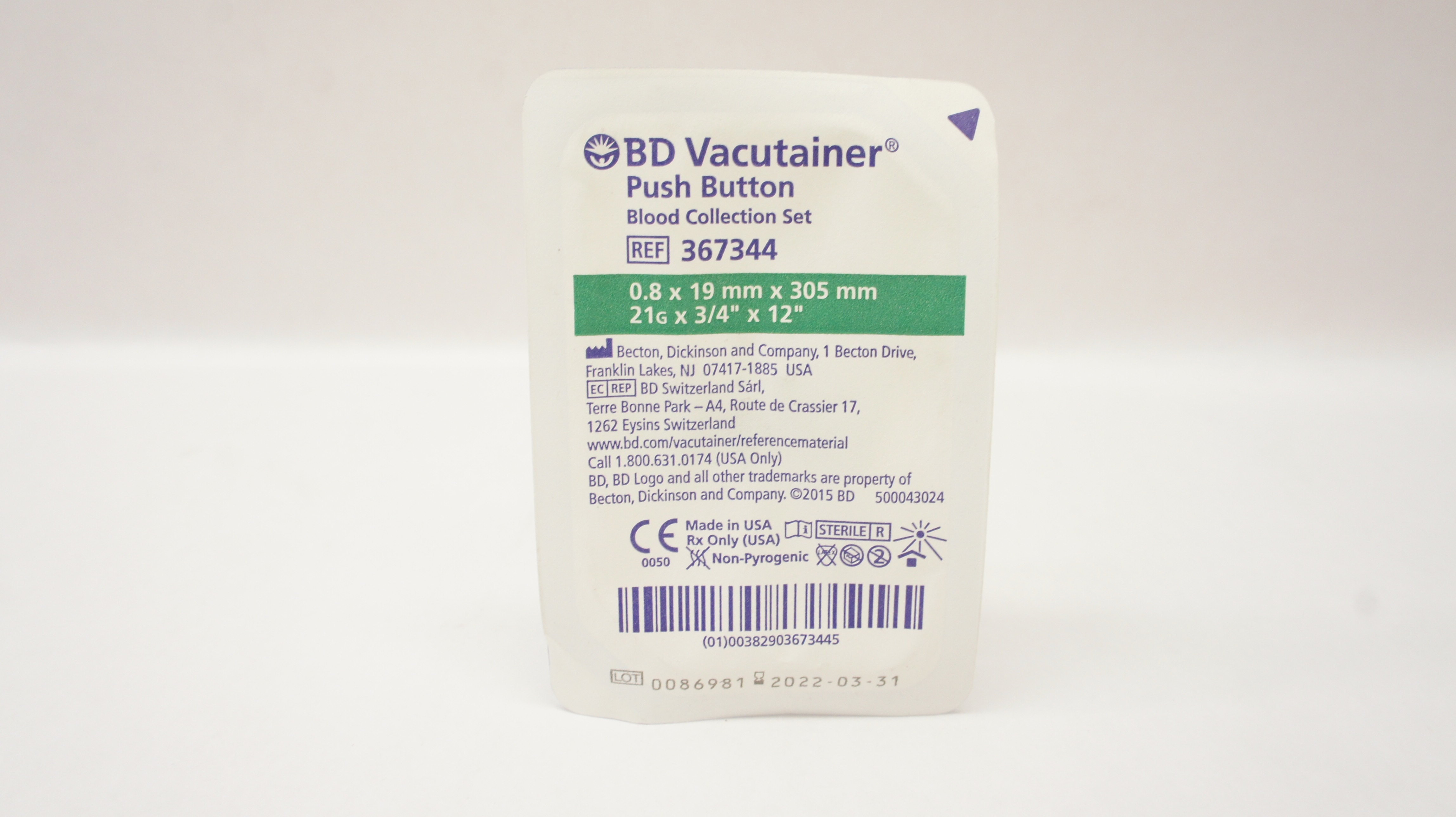 BD 367344 Vacutainer Push Button Blood Collection Set 21G x 3/4inch x 12inch (x)