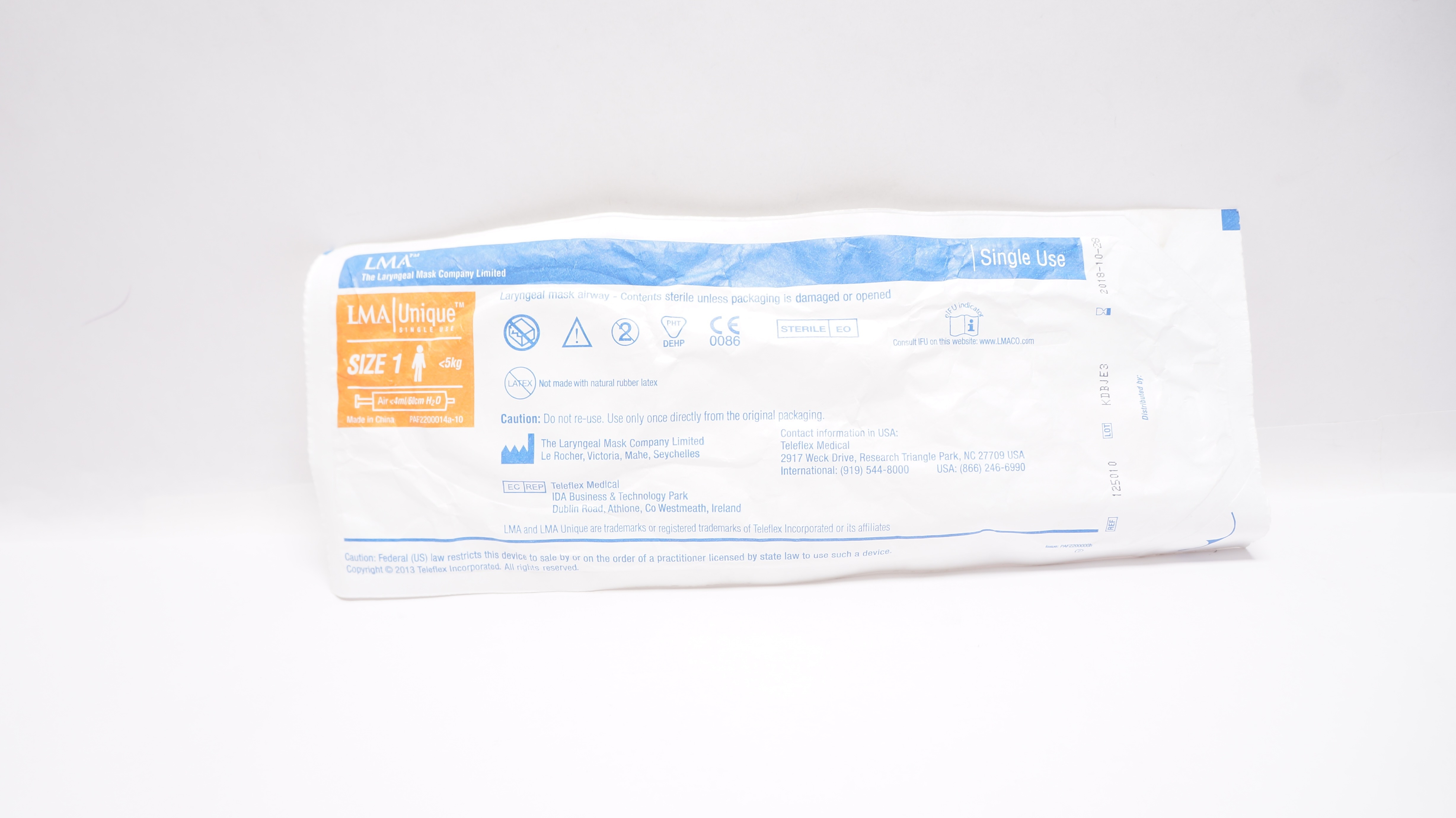 Teleflex 125010 LMA Unique Laryngeal Mask Airway Size 1 <5kg (x)