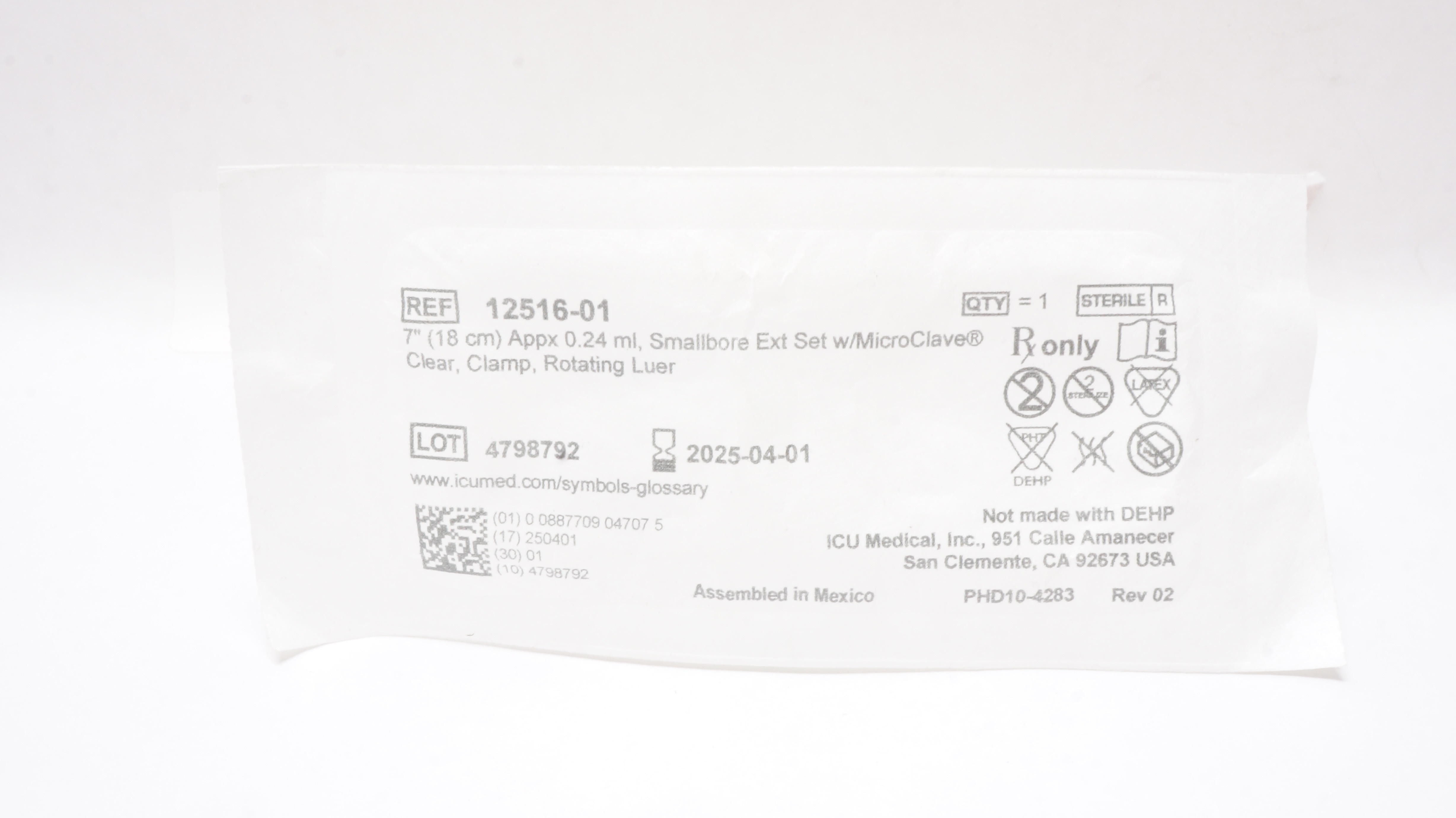 ICU Medical 12516-01 Smallbore Extension Set 7 inch x 0.24ml